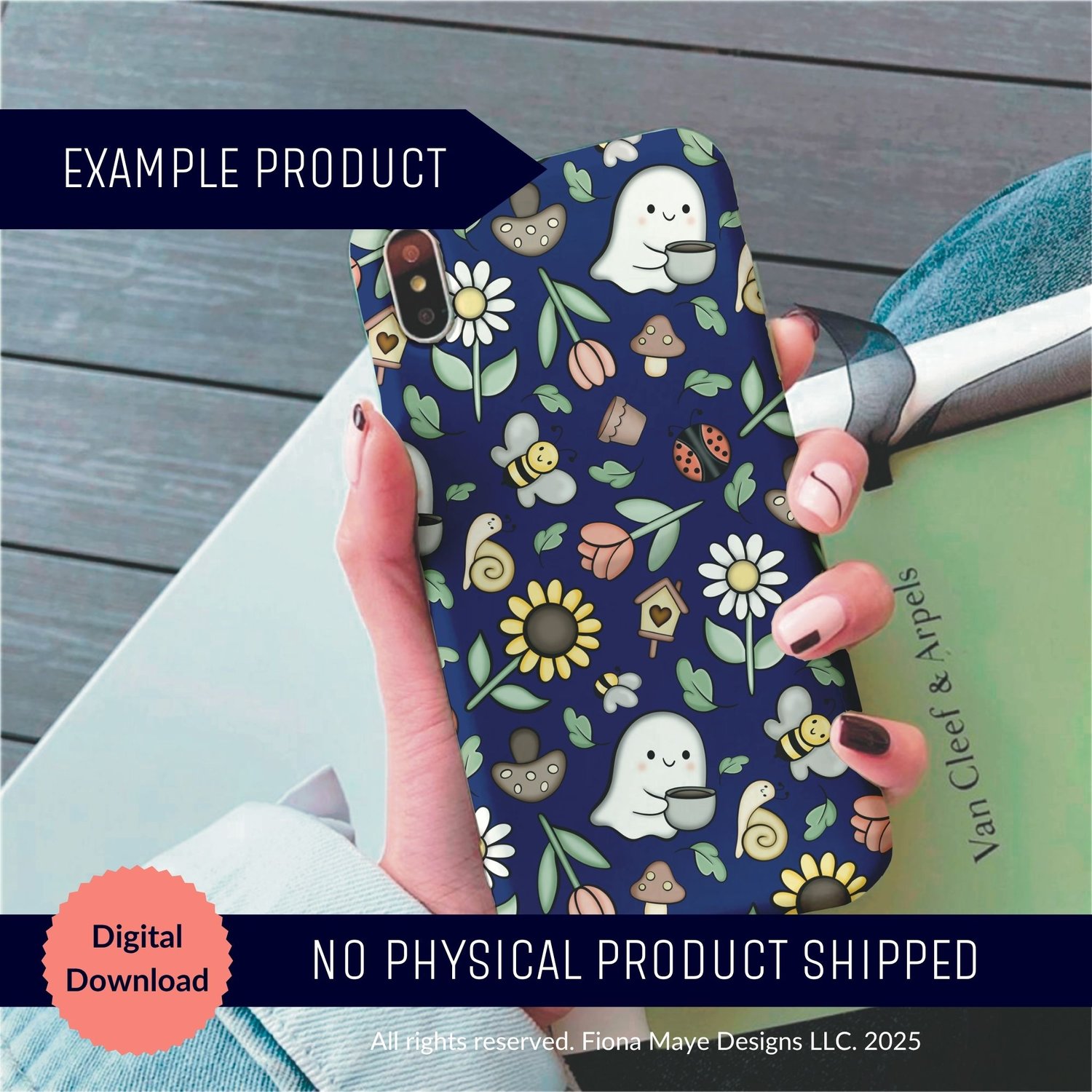 Example phone case mockup featuring Midnight Mourning Halloween ghost floral seamless pattern on navy — digital download, no physical product shipped.