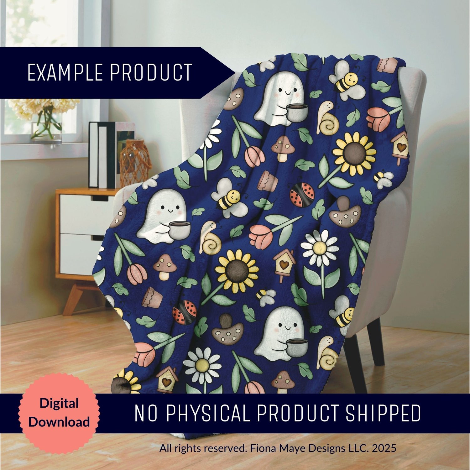 Example blanket mockup featuring Midnight Mourning Halloween ghost floral seamless pattern on navy — digital download, no physical product shipped.
