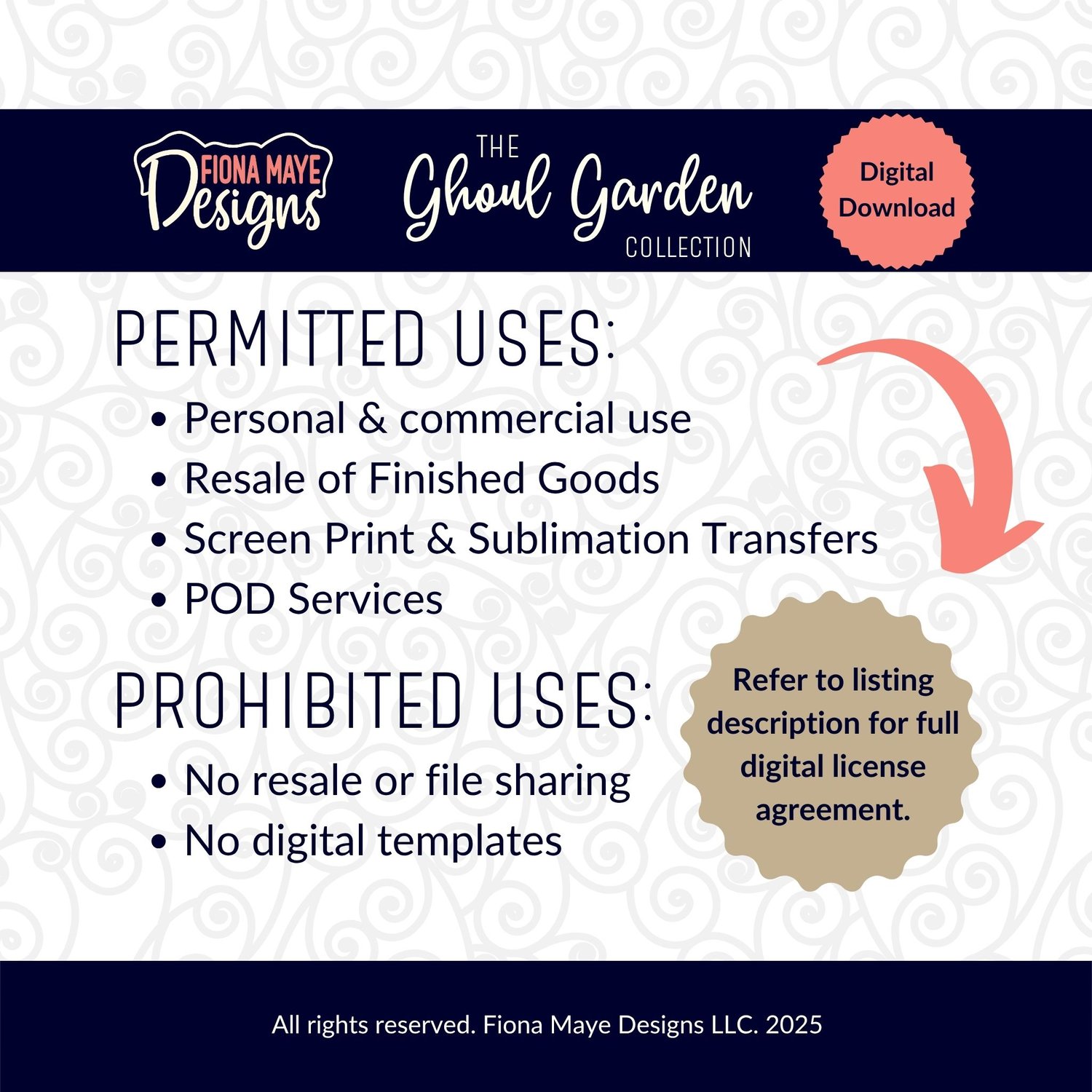 Fiona Maye Designs Ghoul Garden license: permits personal, commercial, sublimation & POD use. Prohibits file resale, sharing, and digital templates.