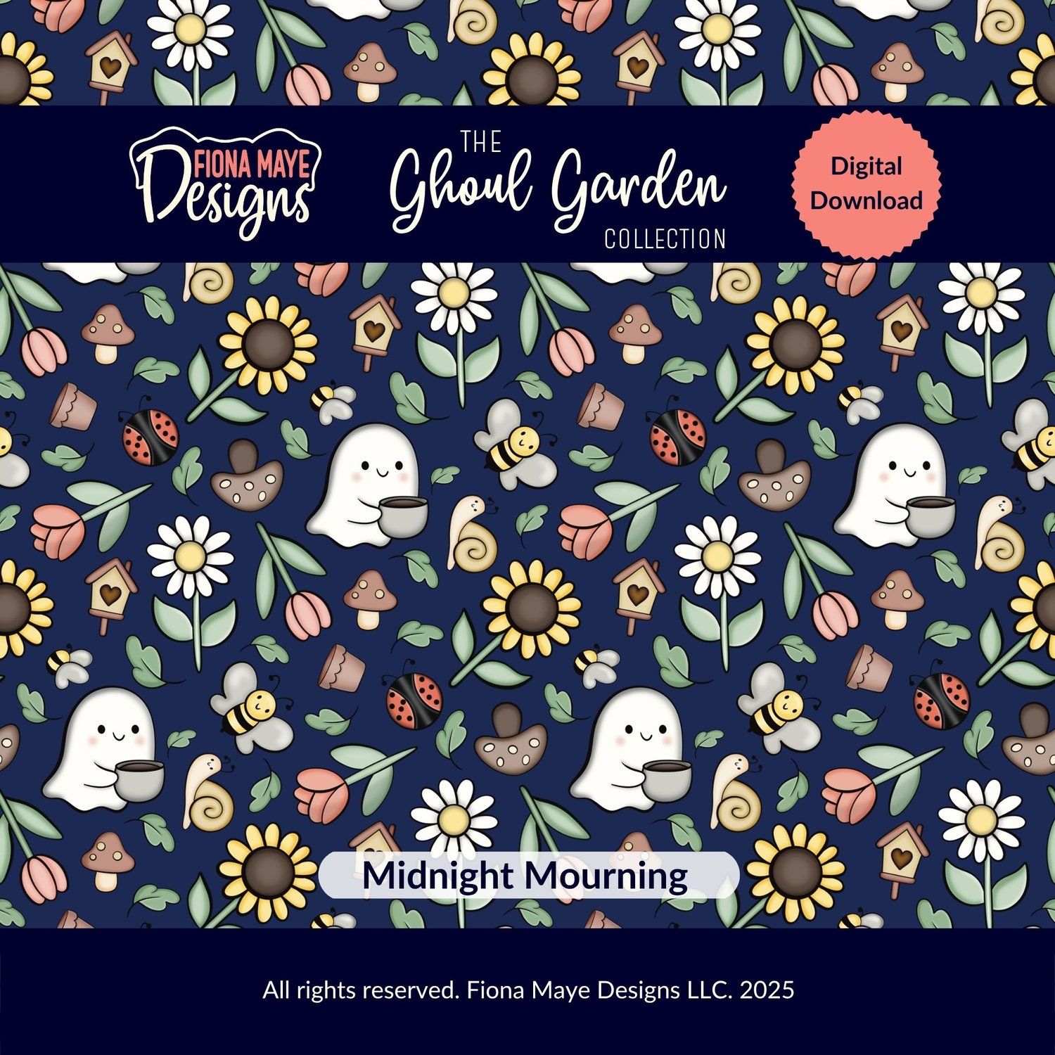 Hand-drawn Spring seamless pattern with cute ghosts, sunflowers, tulips, bees and mushrooms on navy — Midnight Mourning by Fiona Maye Designs.