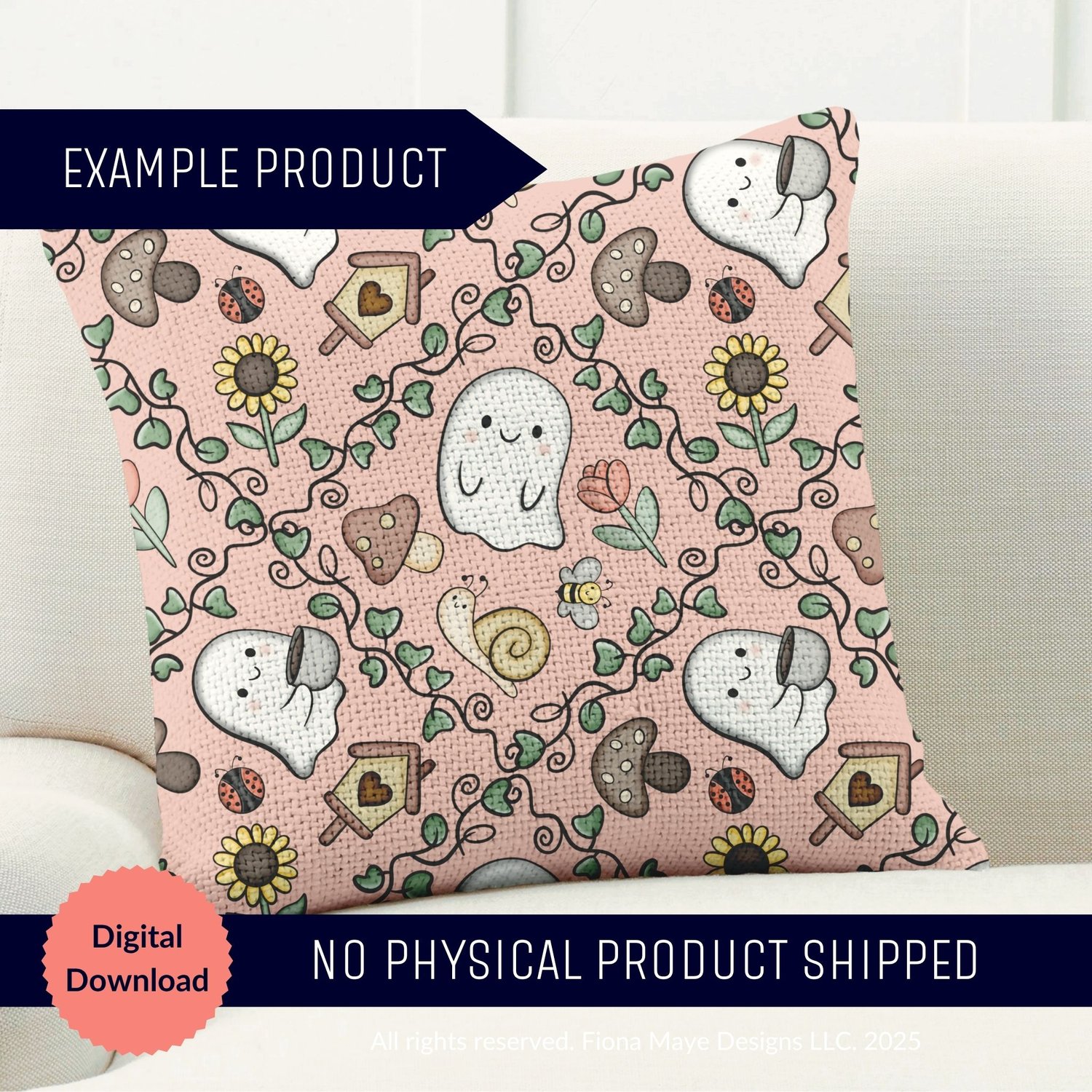 Example pillow mockup featuring Ghoul Next Door pink Spring ghost floral seamless pattern — digital download, no physical product shipped.