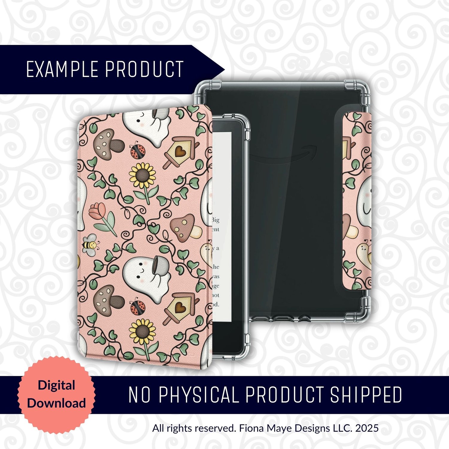 Example tablet case mockup featuring Ghoul Next Door pink Spring ghost floral seamless pattern — digital download, no physical product shipped.