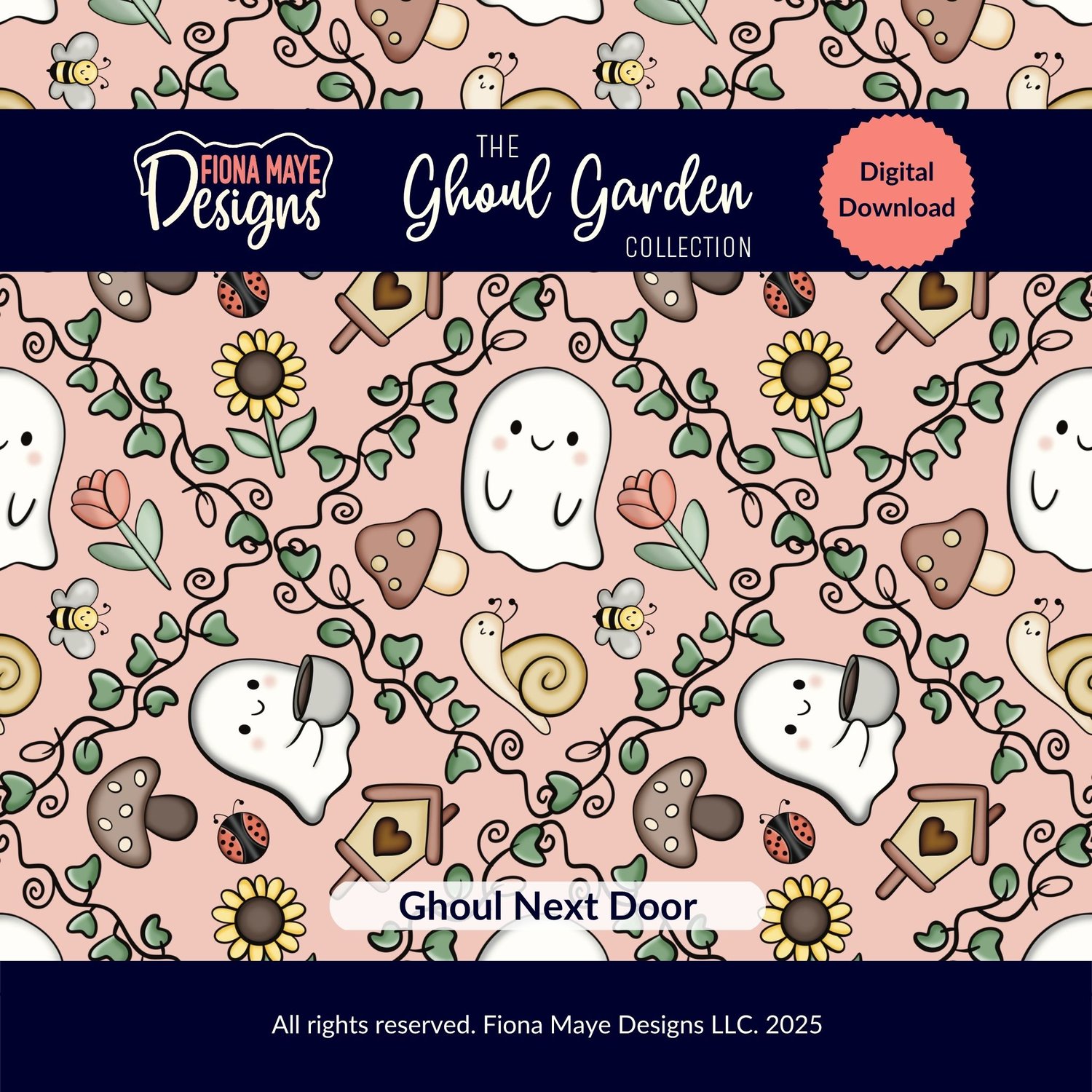 Hand-drawn pink Spring seamless pattern with cute ghosts, sunflowers, tulips, snails and mushrooms — Ghoul Next Door by Fiona Maye Designs.