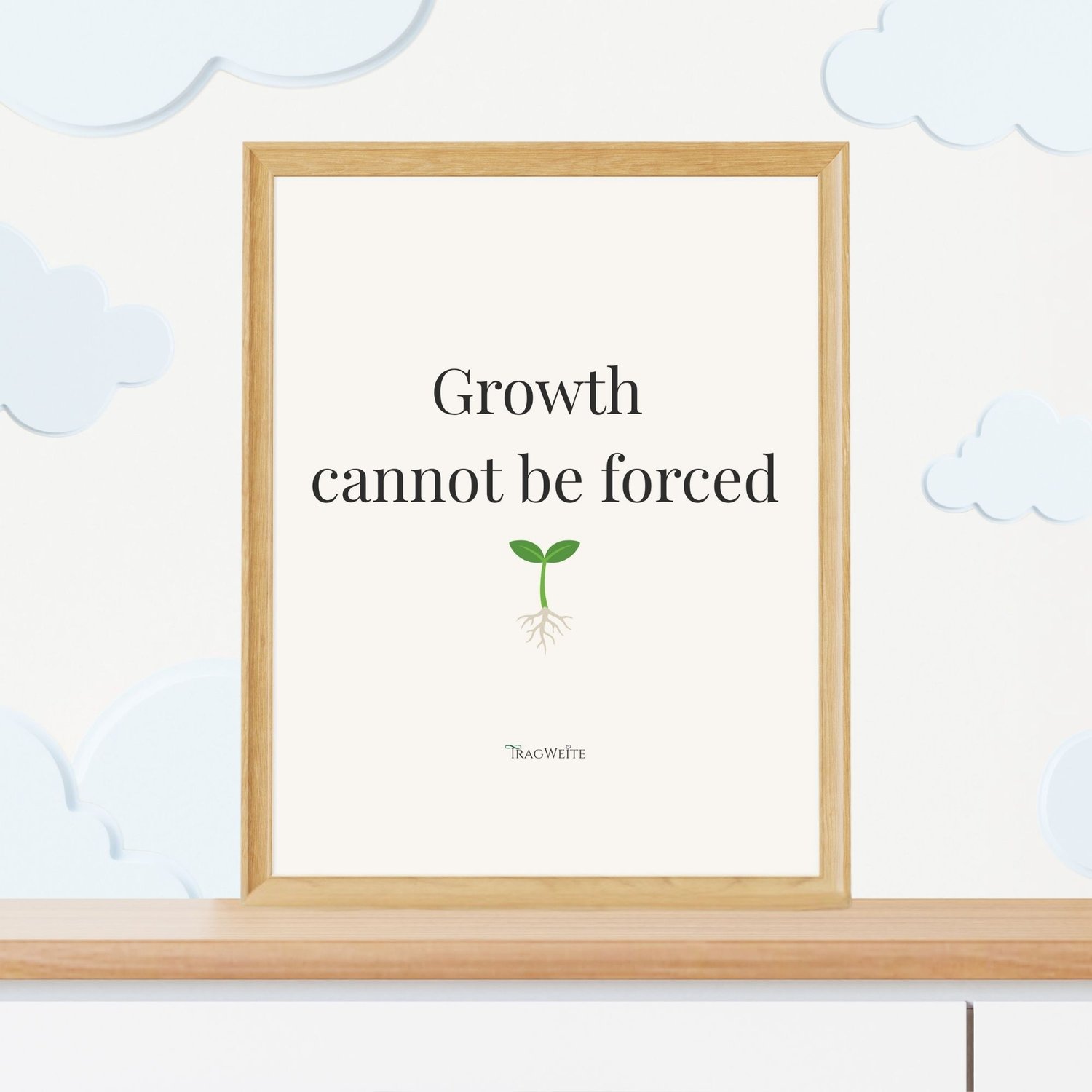 Printable unschooling poster in wooden frame, childrens room with clouds