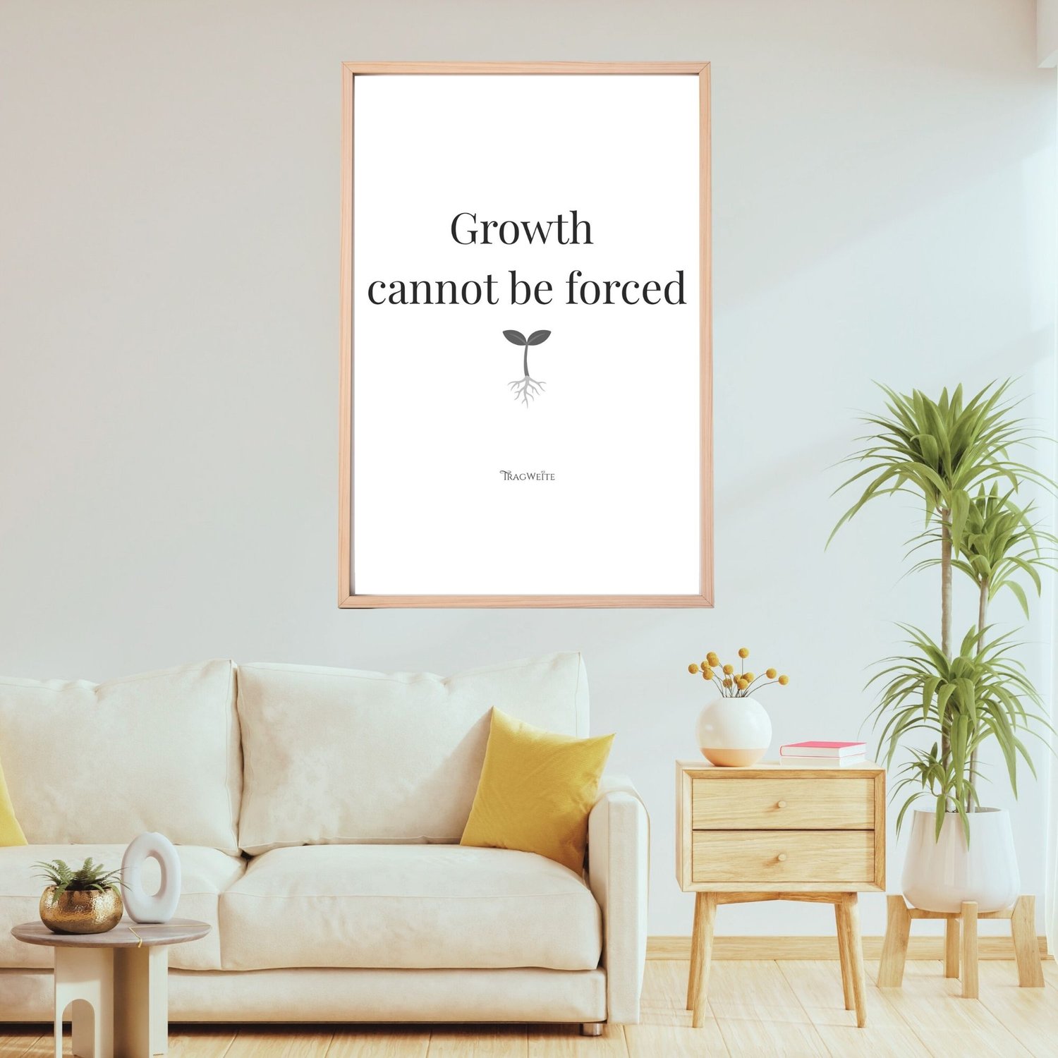 Black and white wall poster growth quote in wooden frame, Scandinavian living room