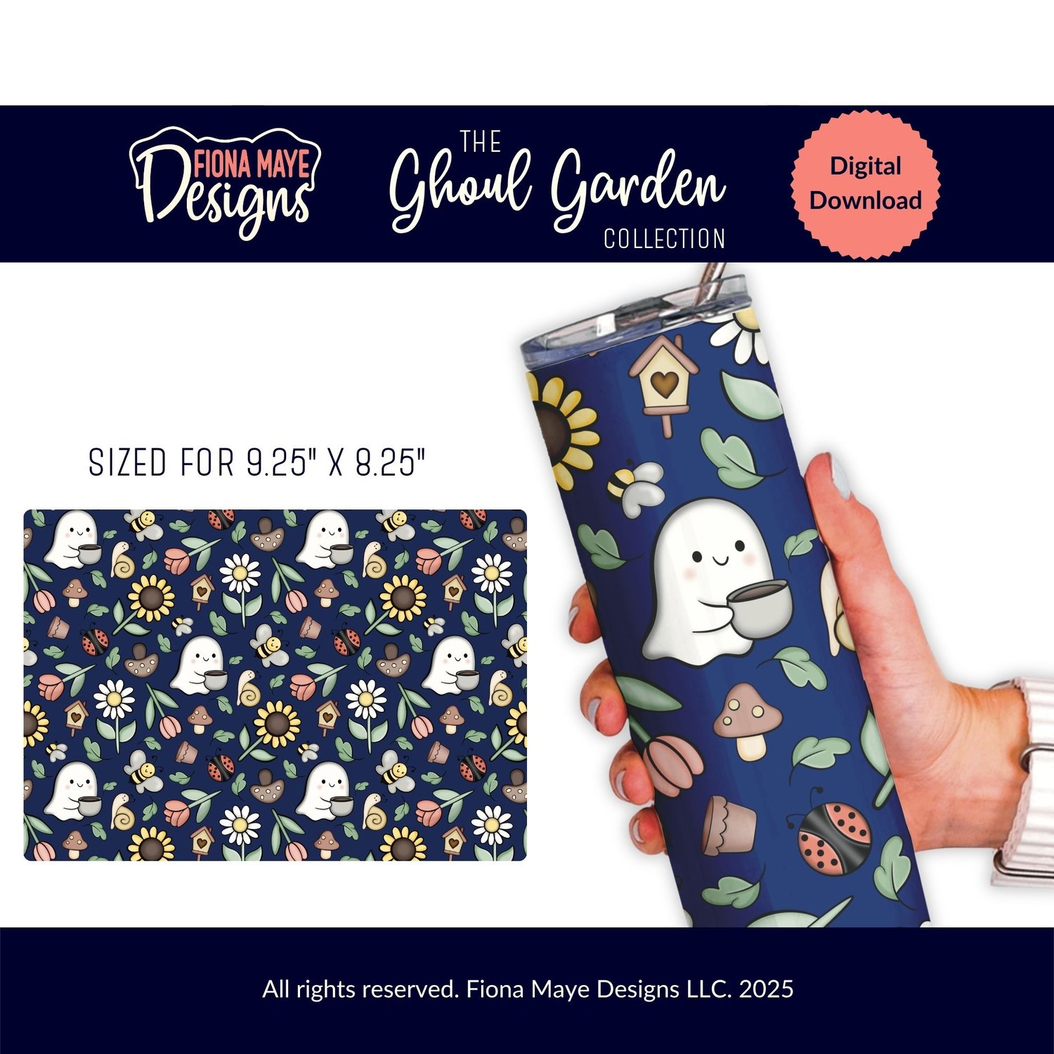 Ghoul Garden Halloween ghost tumbler wrap PNG on navy, sized 9.25x8.25 inches — sublimation design with ghosts, florals & mushrooms by Fiona Maye Designs.