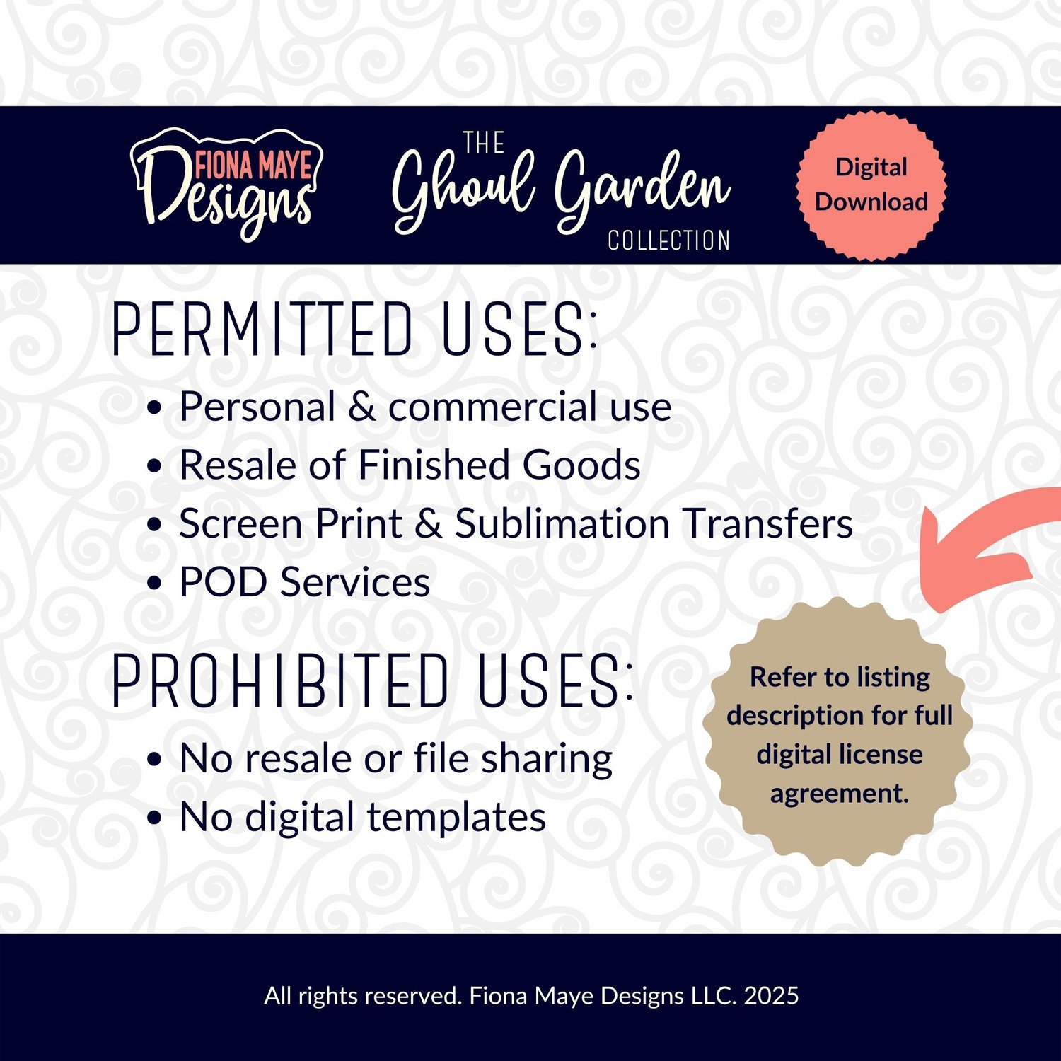 Fiona Maye Designs Ghoul Garden license: permits personal, commercial, sublimation & POD use. Prohibits file resale, sharing, and digital templates.
