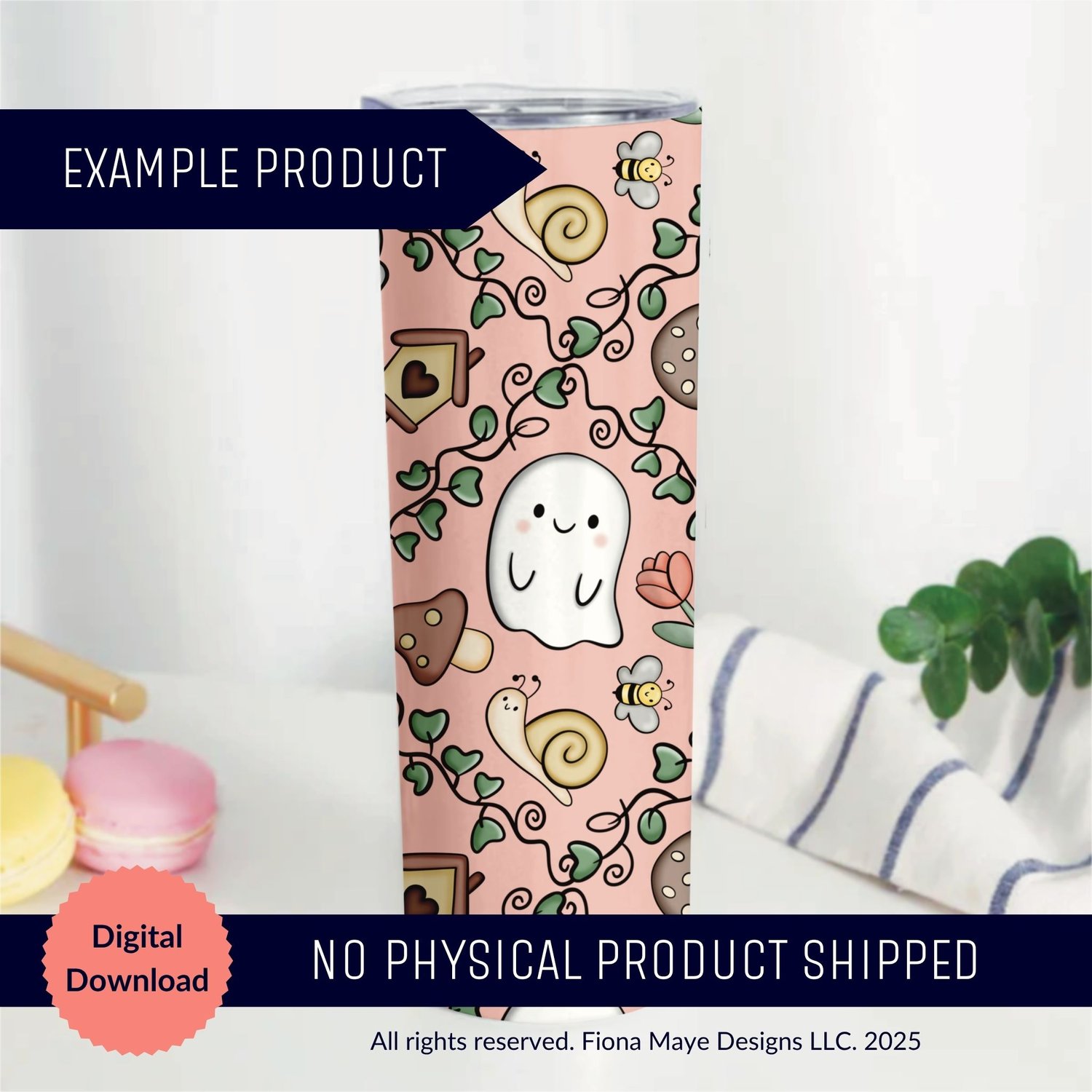 Example tumbler mockup featuring Ghoul Garden pink spring ghost cottagecore sublimation wrap — digital download, no physical product shipped.