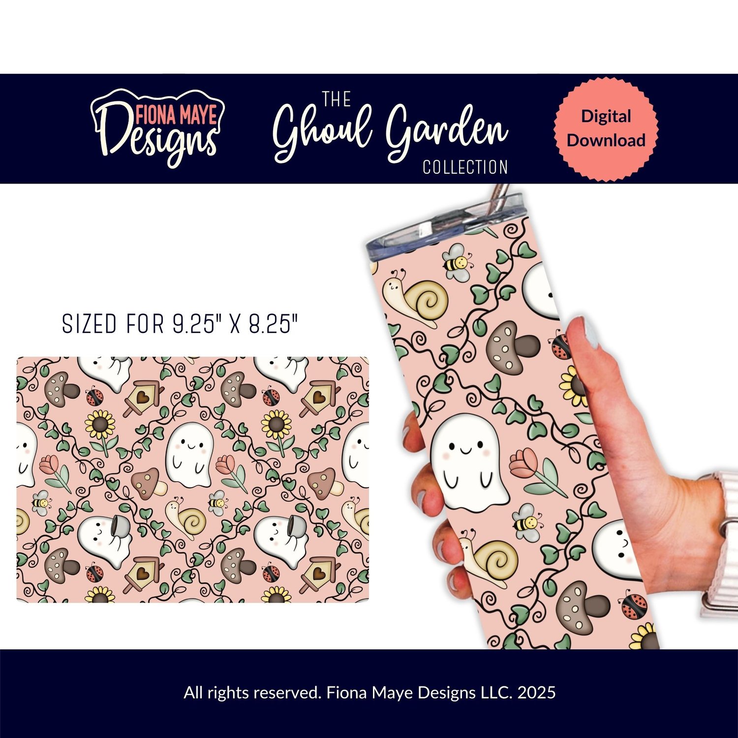 Ghoul Garden pink spring ghost tumbler wrap PNG sized 9.25x8.25 inches — cottagecore sublimation design with ghosts, snails & vines by Fiona Maye Designs.