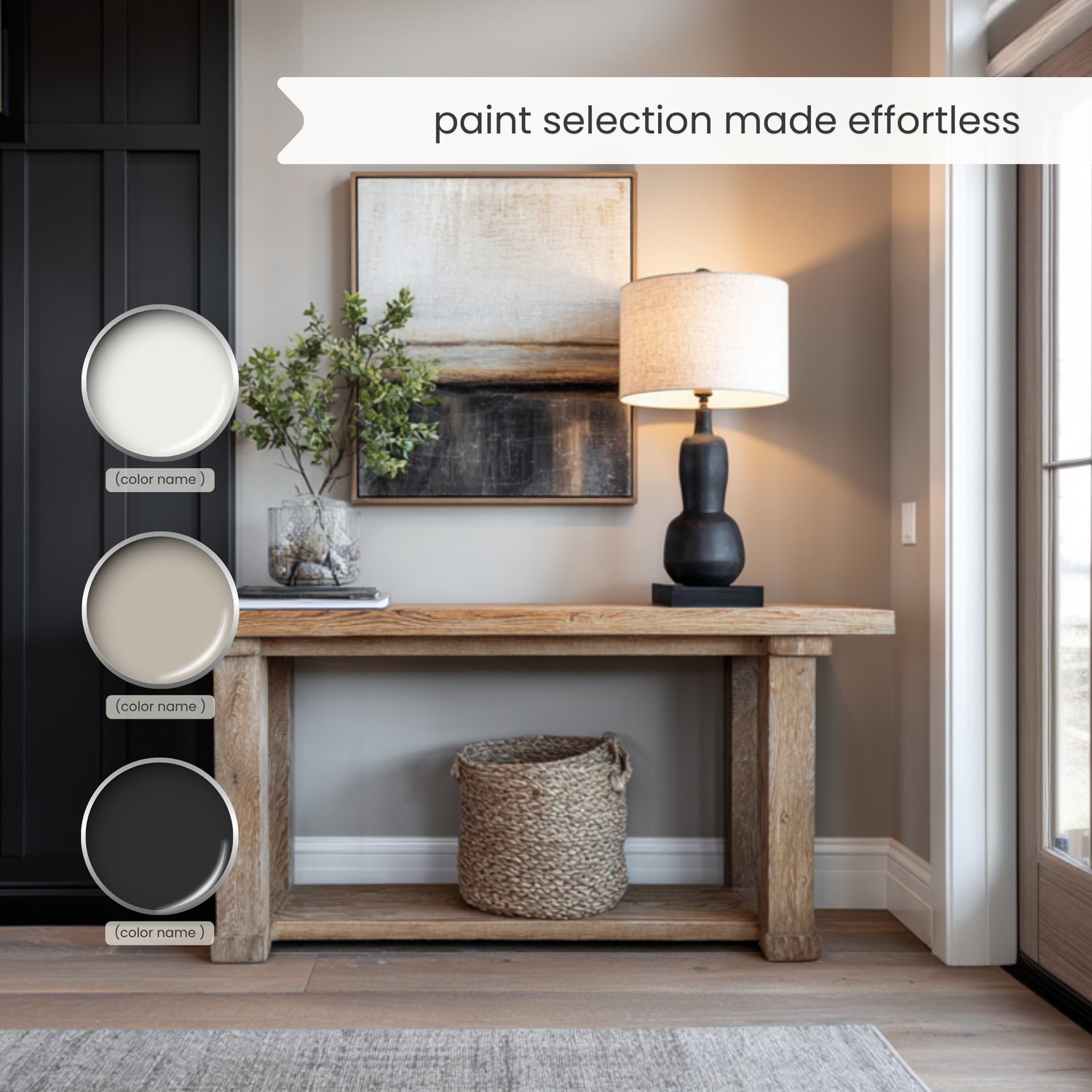 Sherwin Williams Alabaster paint palette. Whole house color scheme with neutrals and coordinating colors. Paint colors for home with white, beige, greige, green, blue, brown and black. Interior design color scheme created by Lavenia Shash.