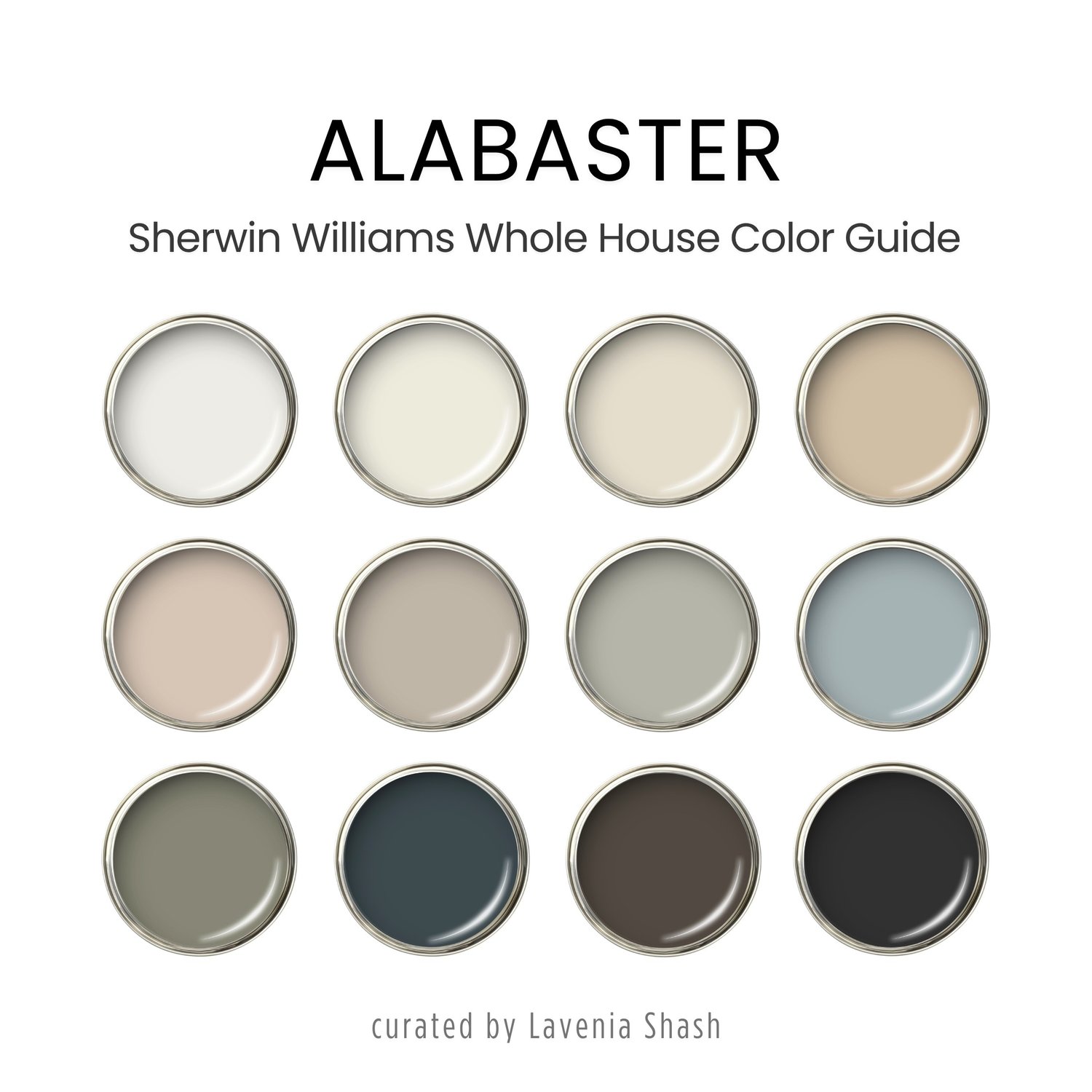 Sherwin Williams Alabaster paint palette. Whole house color scheme with neutrals and coordinating colors. Paint colors for home with white, beige, greige, green, blue, brown and black. Interior design color scheme created by Lavenia Shash.
