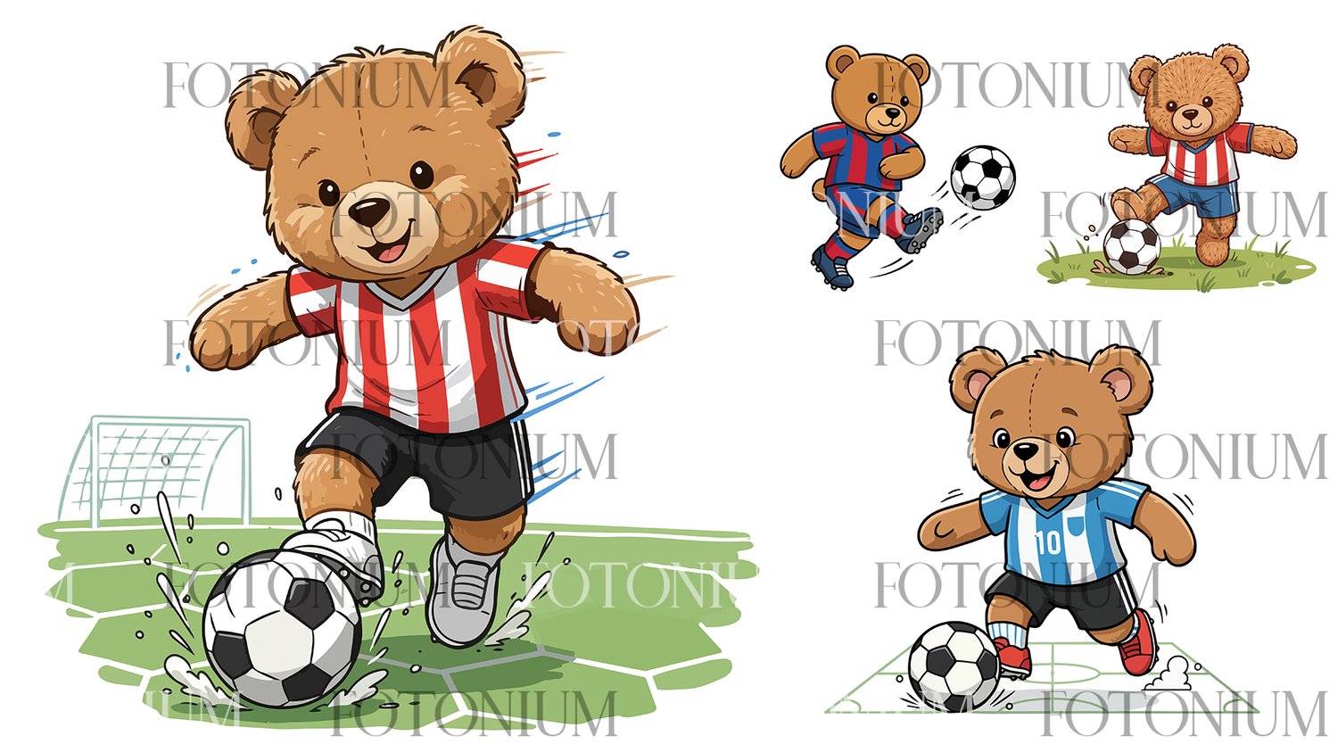 Teddy Bear Soccer Vector Bundle – Cute Football Bear Mascots Playing Soccer – Kids Sports Clipart Set