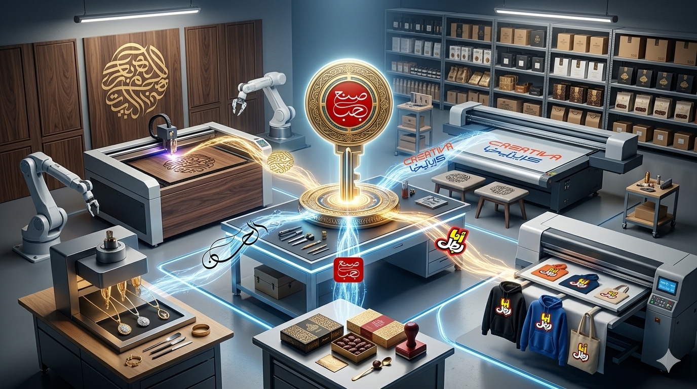 A photograph of a sophisticated B2B production hub using robots and advanced printers to create varied custom products like jewelry, laser-cut wood decor, luxury packaging, and streetwear, all featuring authentic Arabic calligraphy and logos, connected by