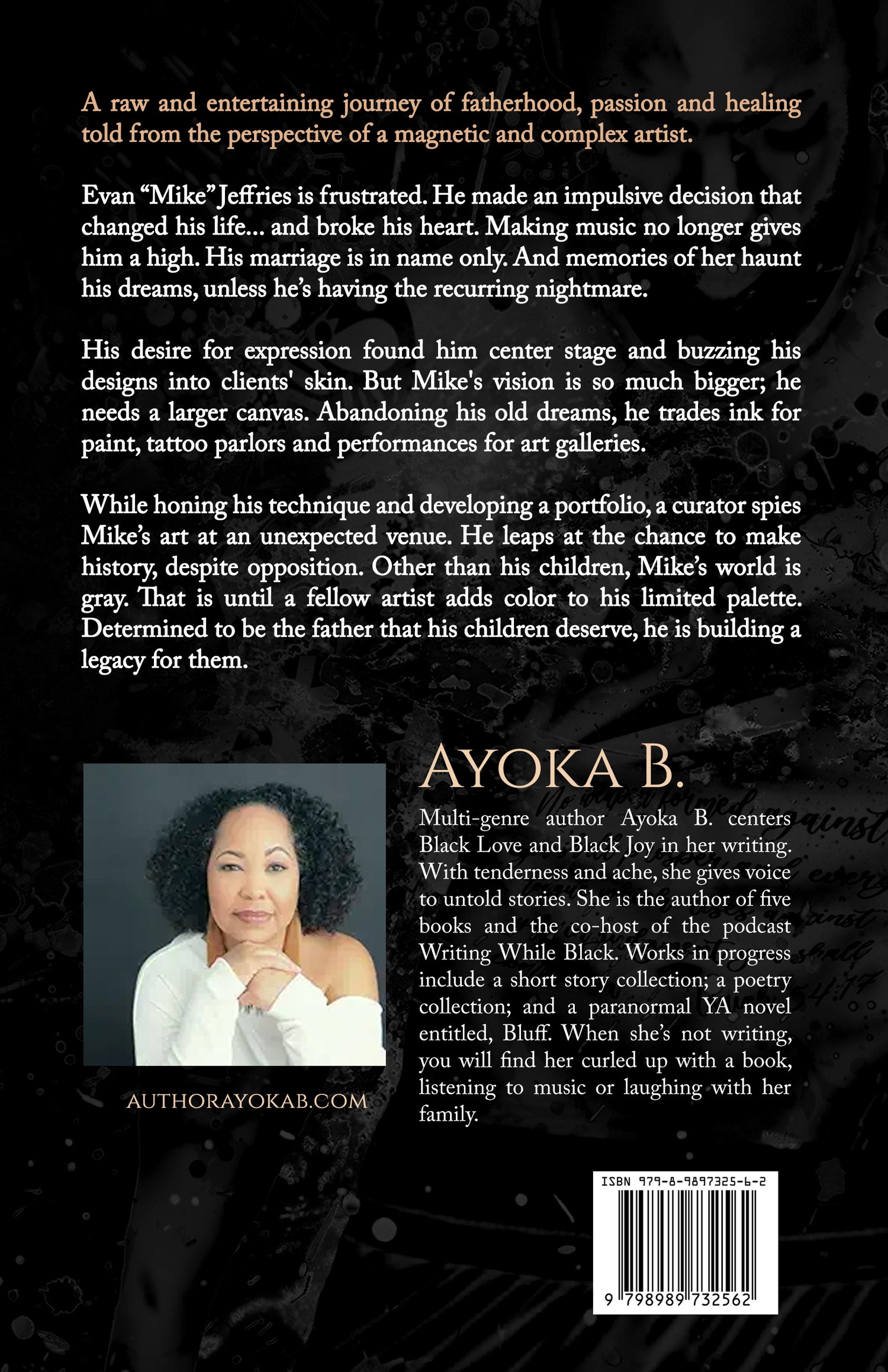 The black back cover of the novel, The Composition Of Evan Jeffries. It includes a book description and the picture and bio of the author Ayoka B.