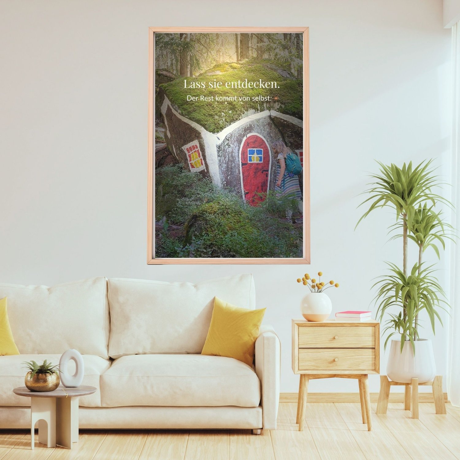 Druckbares Foto-Poster Freilernen Wohnzimmer – Lass sie entdecken, Tragweite