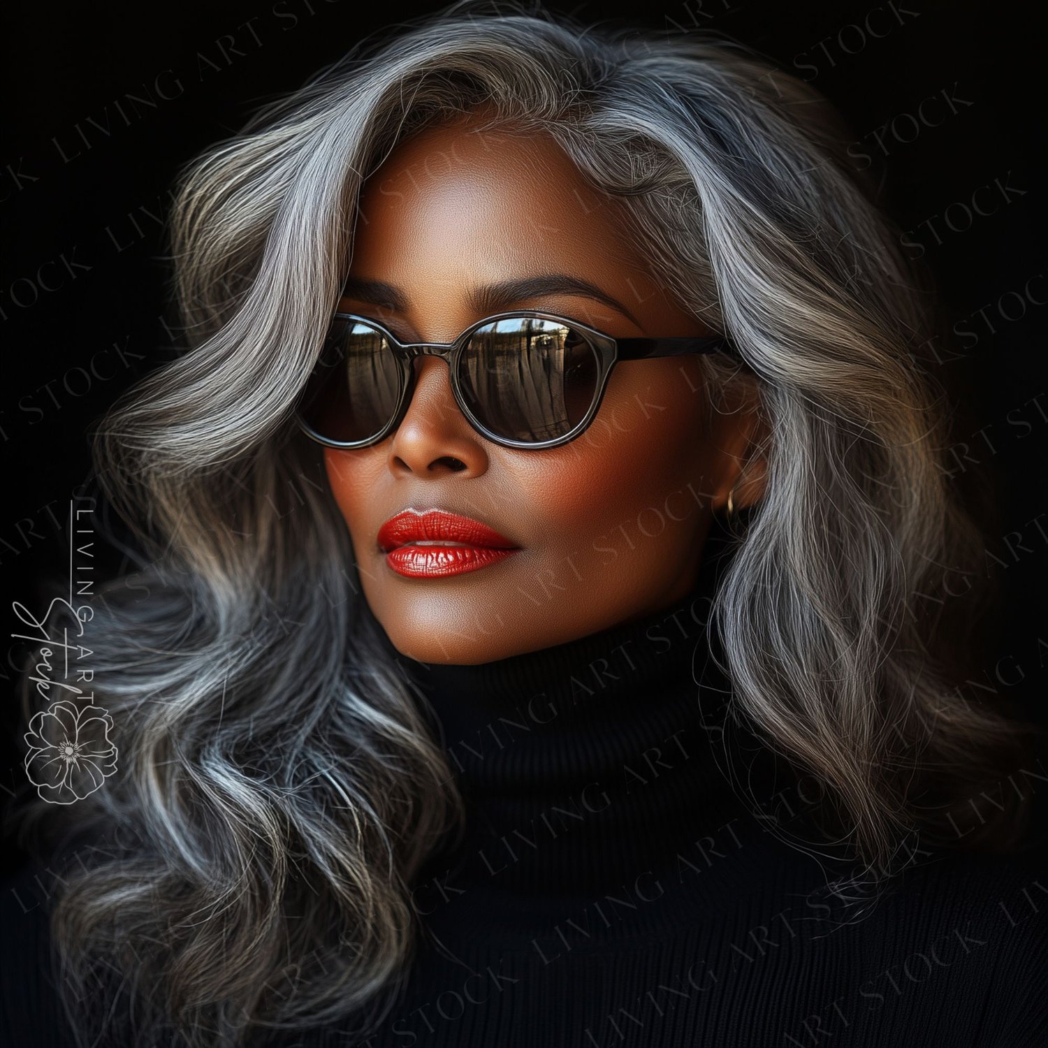 Portrait of a stylish, mature Black woman with long, voluminous gray hair, wearing black sunglasses and bright red lipstick.