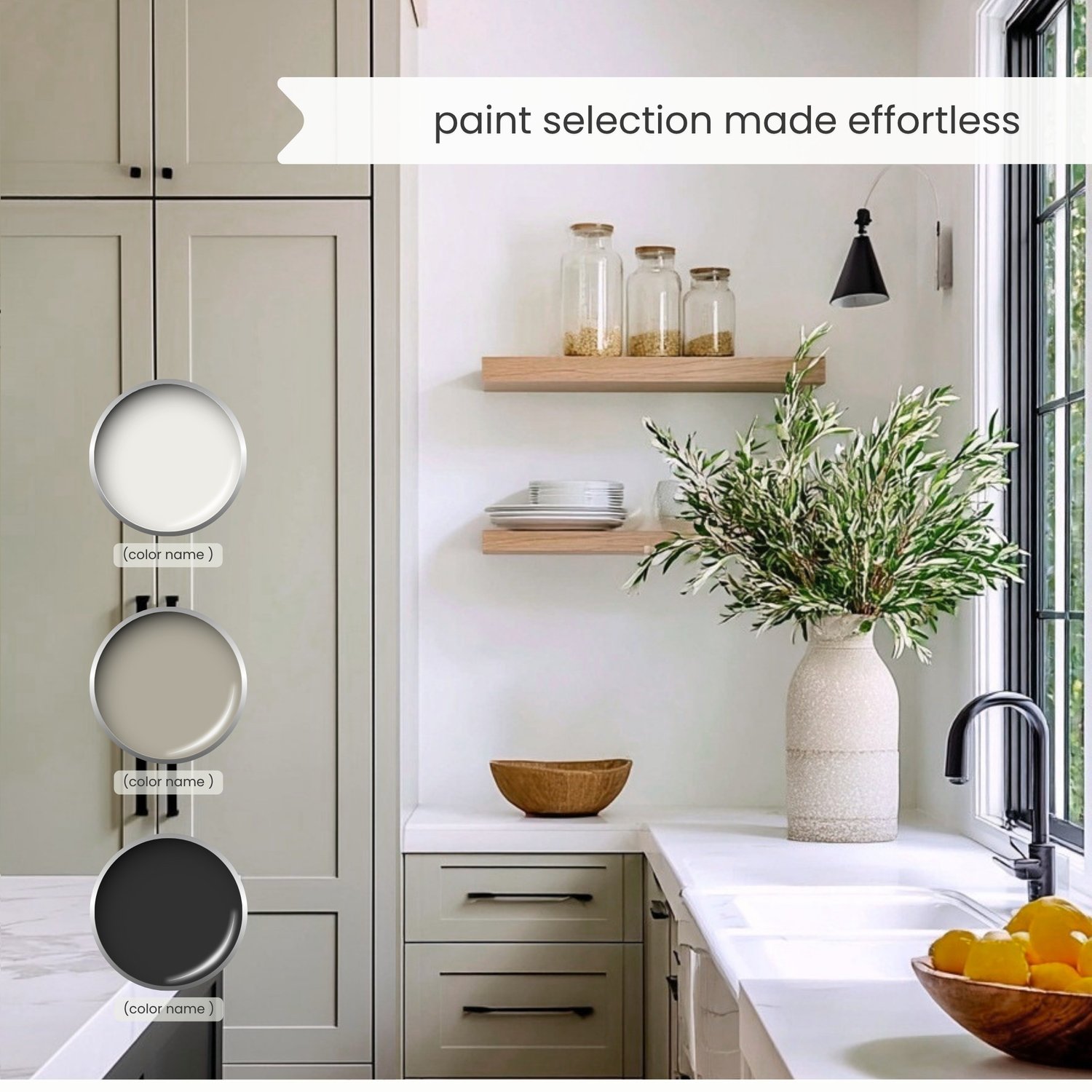 A Modern Neutrals color palette with Sherwin Williams paints. The timeless color scheme includes white, gray, beige, green, blue, brown and black. Moody muted tones and earthy neutrals. Curated and designed by Lavenia Shash.