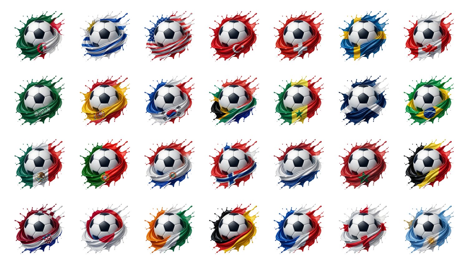 Soccer Ball Country Flags PNG Bundle – 28 Countries Football Splash Graphics – International Soccer Tournament Clipart