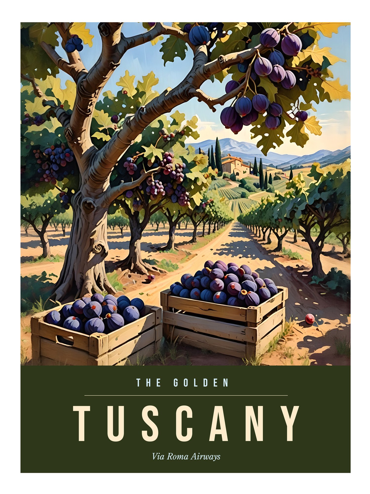 Vintage travel poster art print of Tuscany Italy — golden vineyard landscape in classic poster style by Kelvin Hughes Design