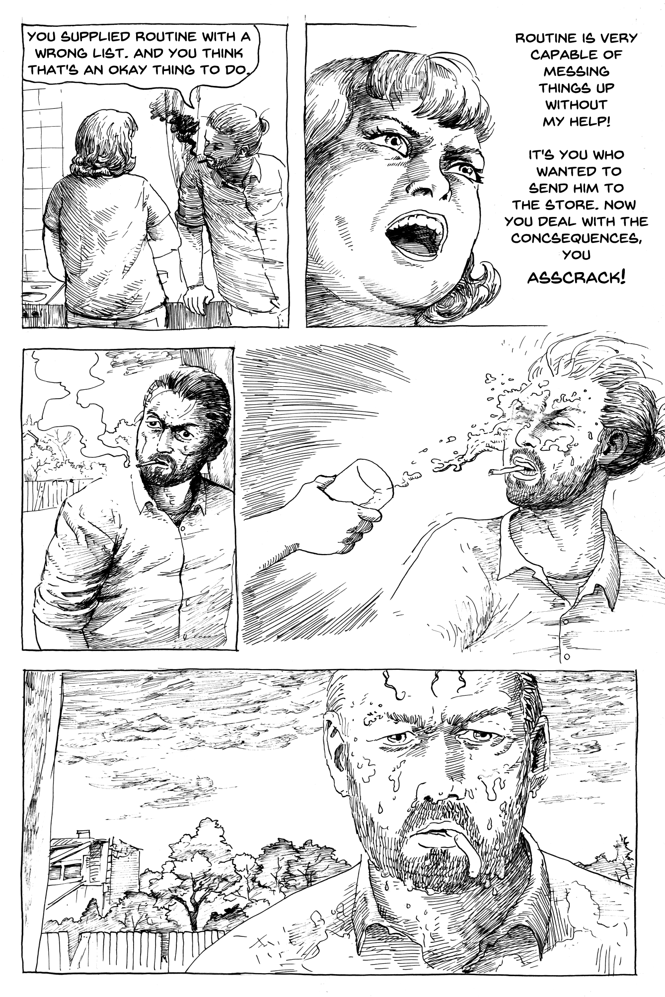 estonian comic book page done in ink in dark comedy style
