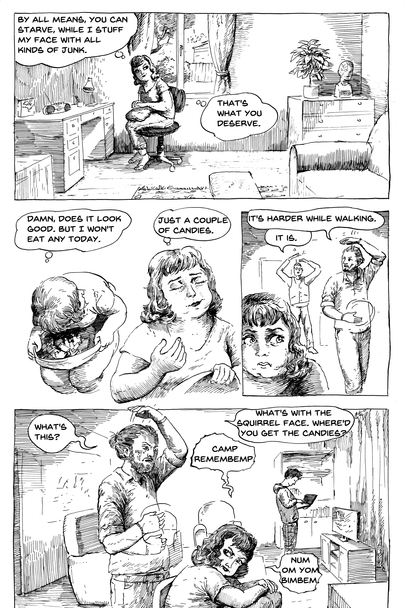 estonian comic book page done in ink in dark comedy style