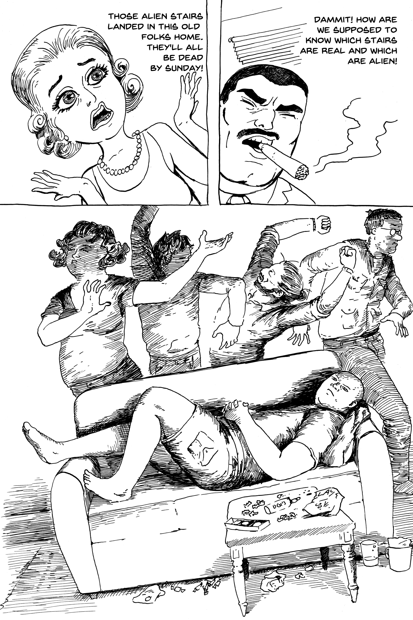 estonian comic book page done in ink in dark comedy style