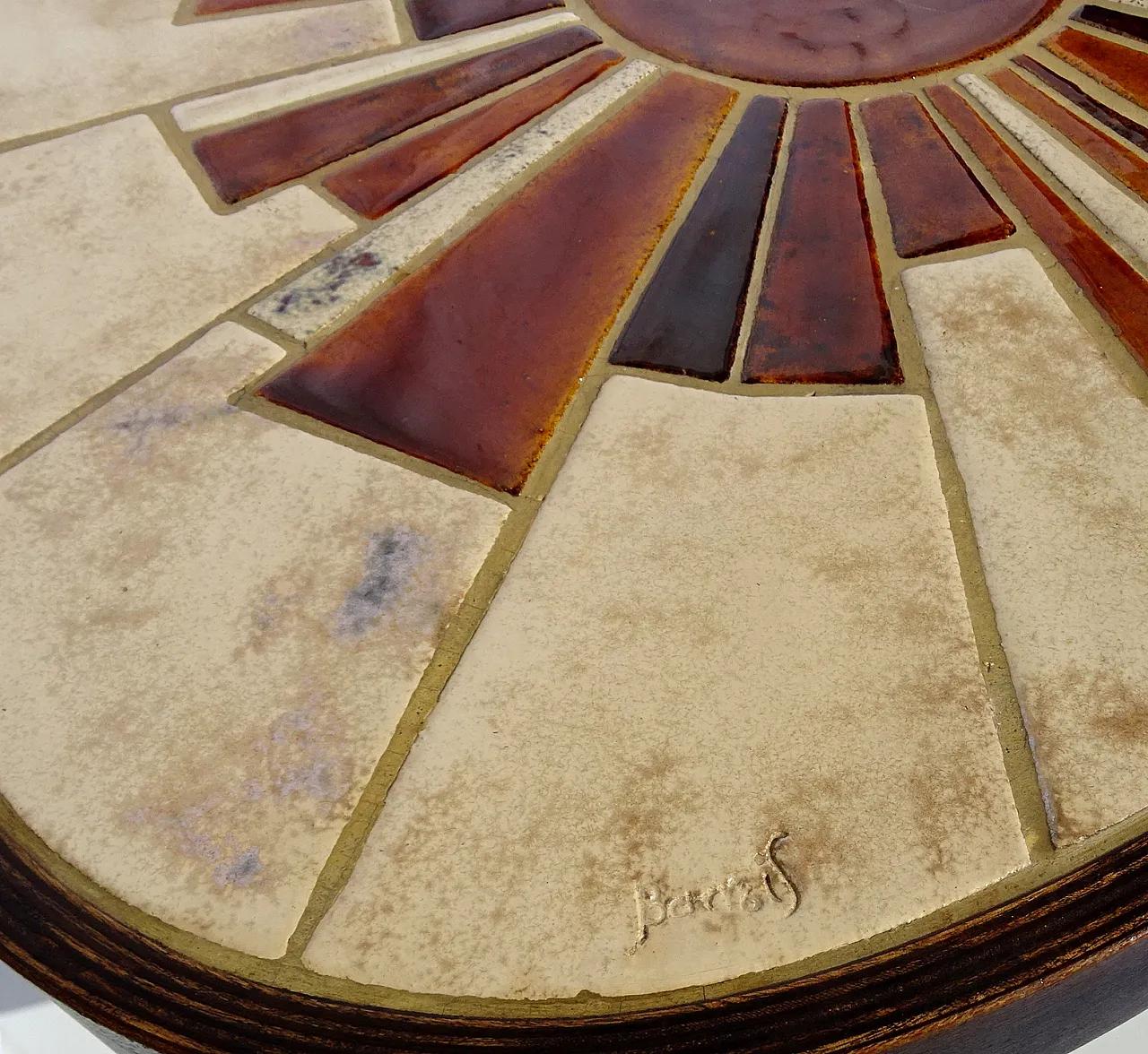 Barrois coffee table triangular table with handcrafted ceramic top in a radiant sunburst mosaic of amber, rust, and beige tiles, Vallauris