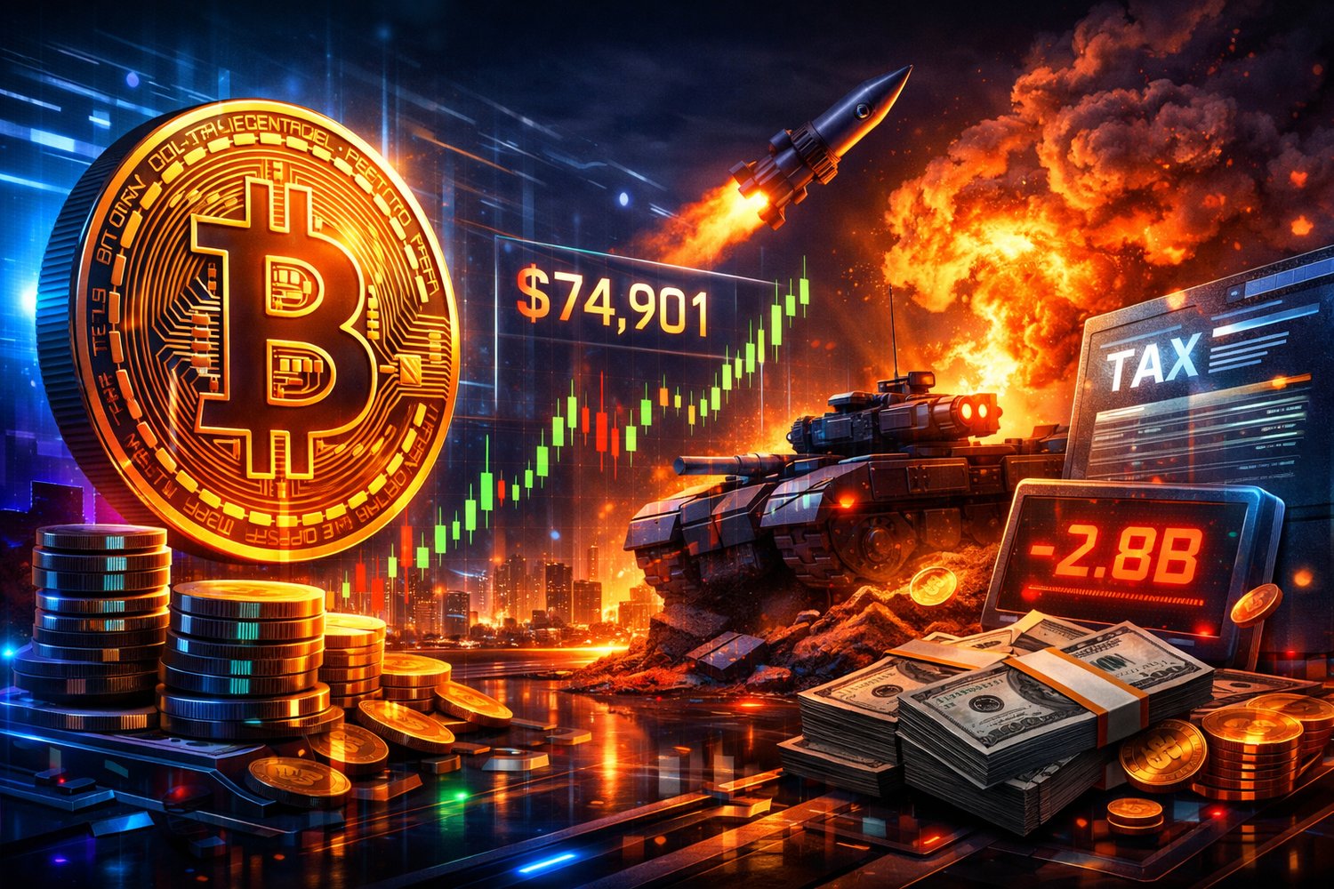 Bitcoin Hits $74,901 as Iran Ceasefire Sparks Risk Rally — But a $2.8B Tax Sell-Off Arrives Tomorrow