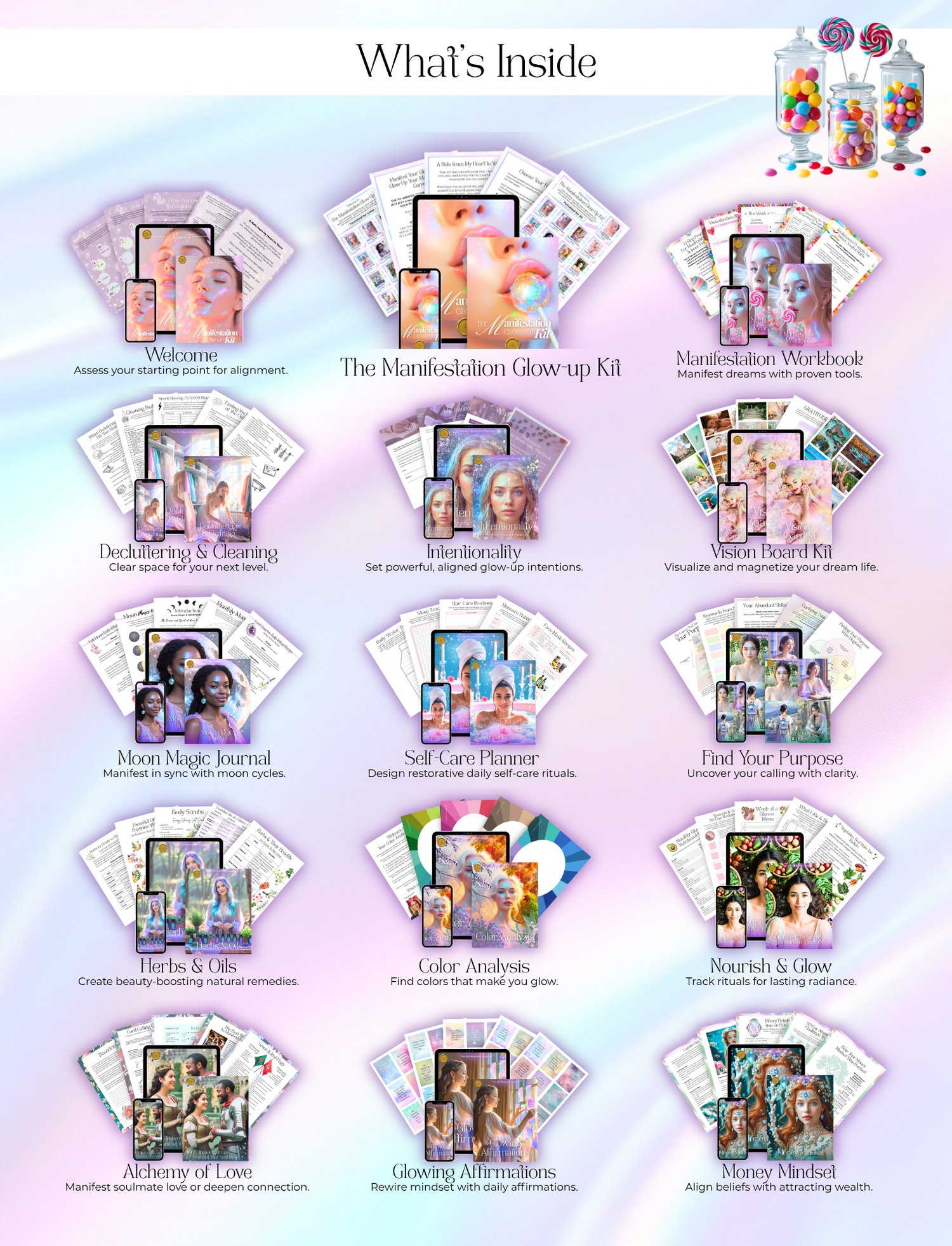 The Manifestation Glow-up Kit, Welcome - Assess your starting point for alignment., Manifestation Workbook - Manifest dreams with proven tools., Decluttering & Cleaning - Clear space for your next level., Intentionality - Set powerful, aligned glow-up intentions., Vision Board Kit - Visualize and magnetize your dream life. - , Moon Magic Journal Manifest in sync with moon cycles., Self-Care Planner - Design restorative daily self-care rituals., Find Your Purpose - Uncover your calling with clarity., Herbs & Oils - Create beauty-boosting natural remedies., Color Analysis - Find colors that make you glow., Nourish & Glow - Track rituals for lasting radiance., Alchemy of Love - Manifest soulmate love or deepen connection., Glowing Affirmations - Rewire mindset with daily affirmations., Money Mindset - Align beliefs with attracting wealth.