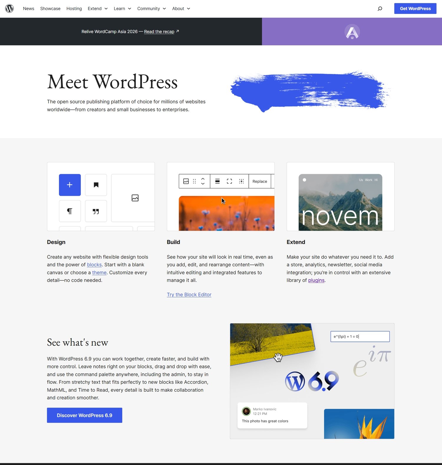 wordpress.com blog tool and CMS website homepage