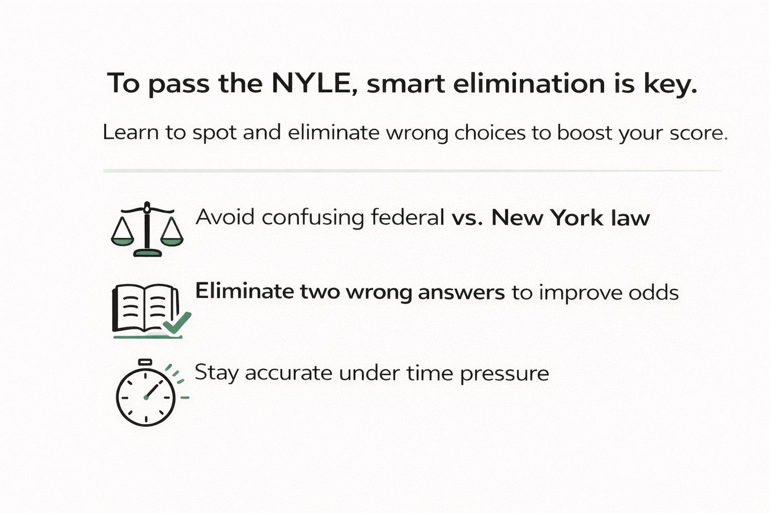 NYLE elimination strategy infographic showing how to eliminate wrong answers and distinguish federal vs New York law