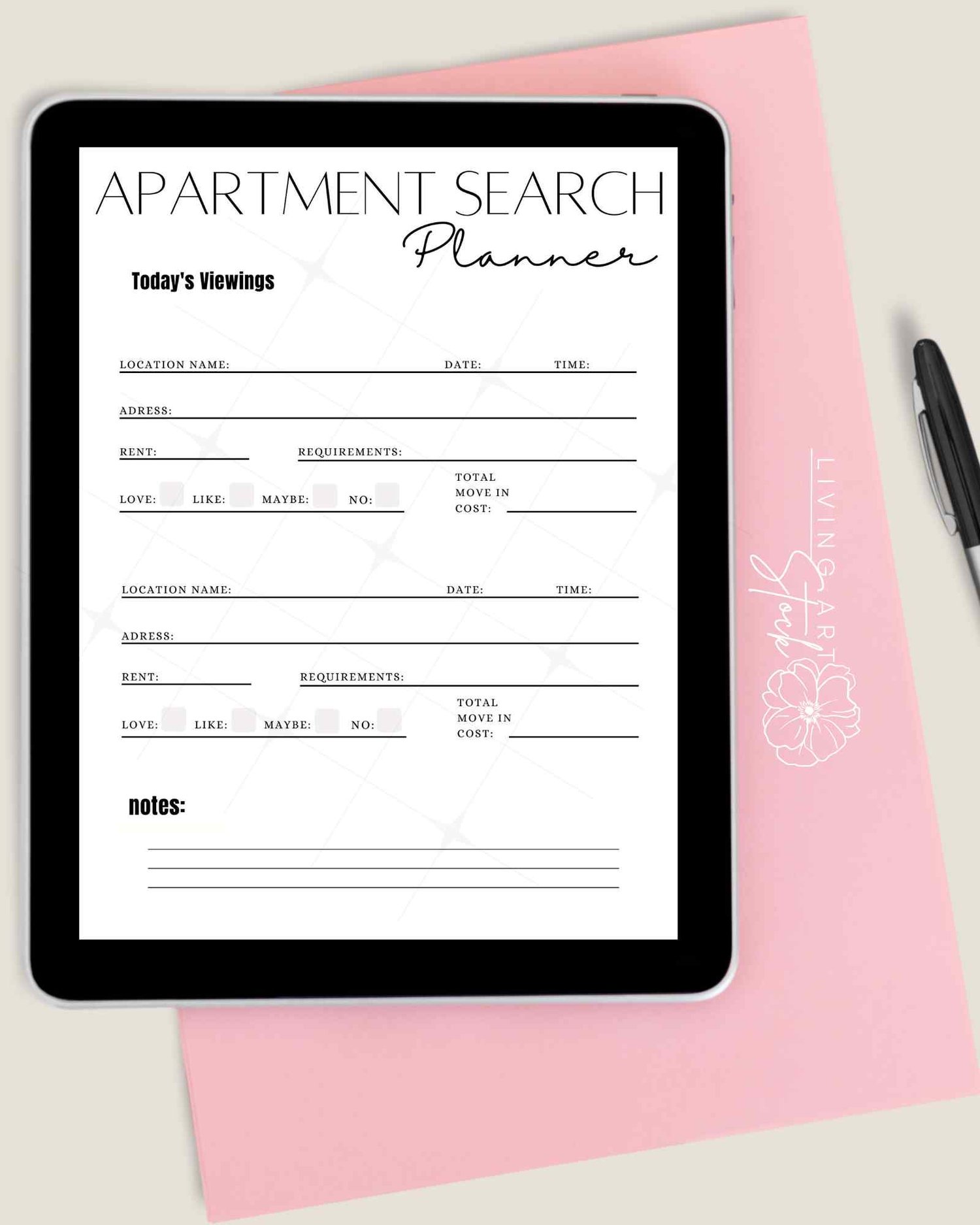Printable apartment search planner sheet for apartment hunting on ipad.