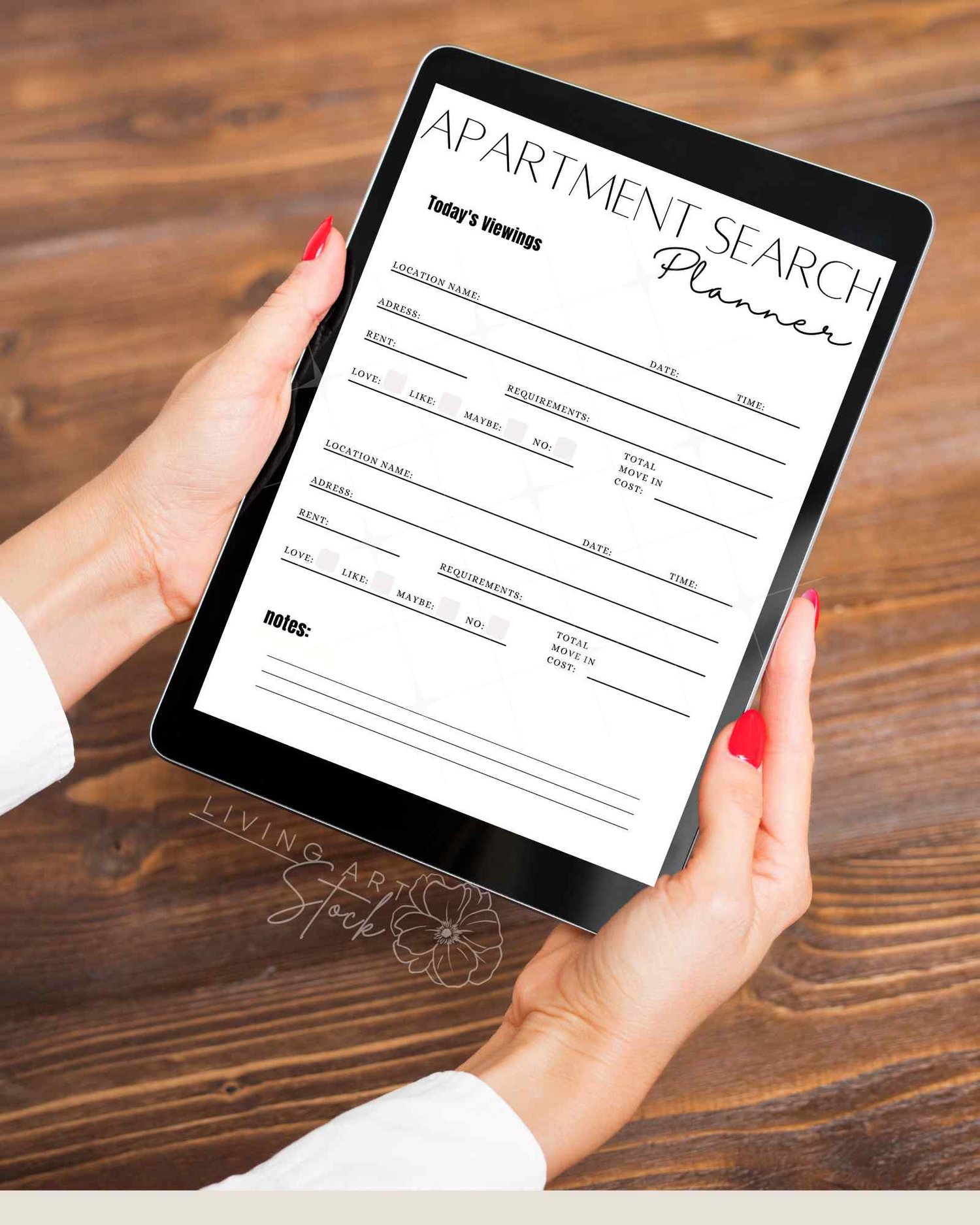 Printable apartment search planner sheet for apartment hunting on ipad.