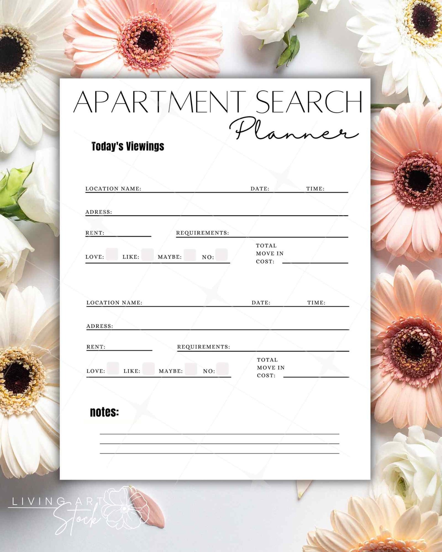 Printable apartment search planner sheet for apartment hunting.