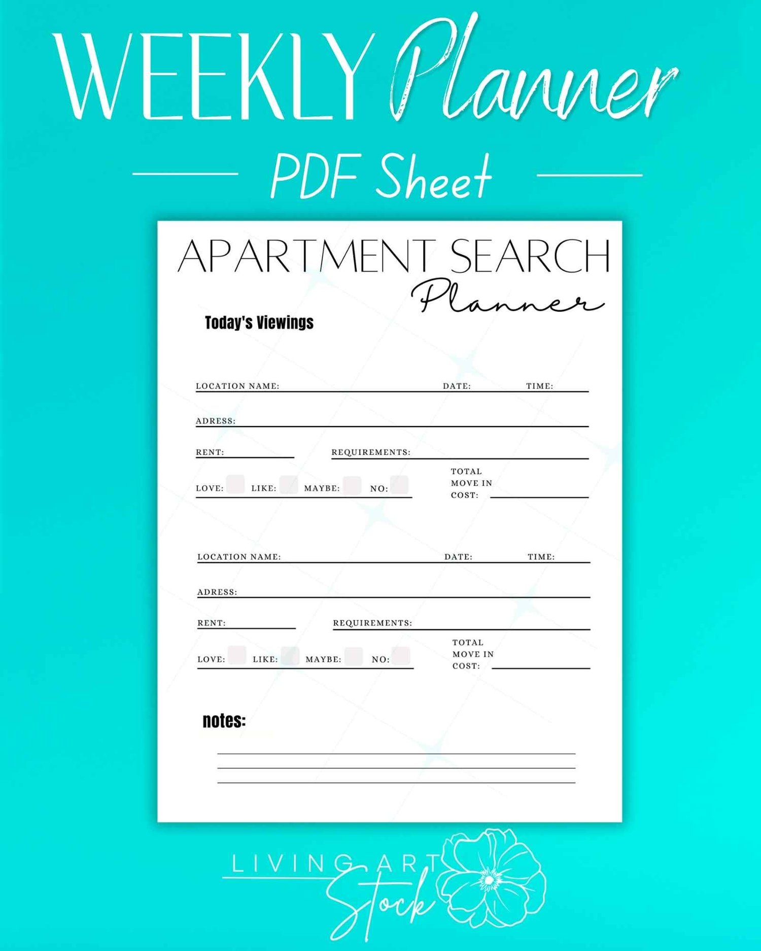 Printable apartment search planner sheet for apartment hunting.