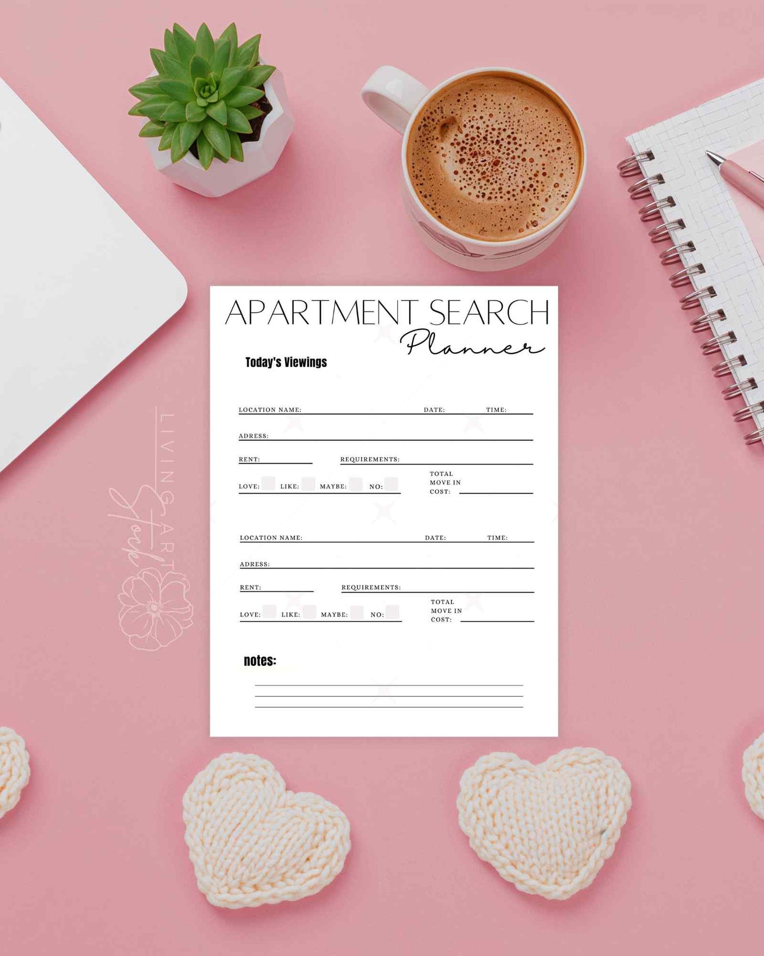 Printable apartment search planner sheet for apartment hunting.