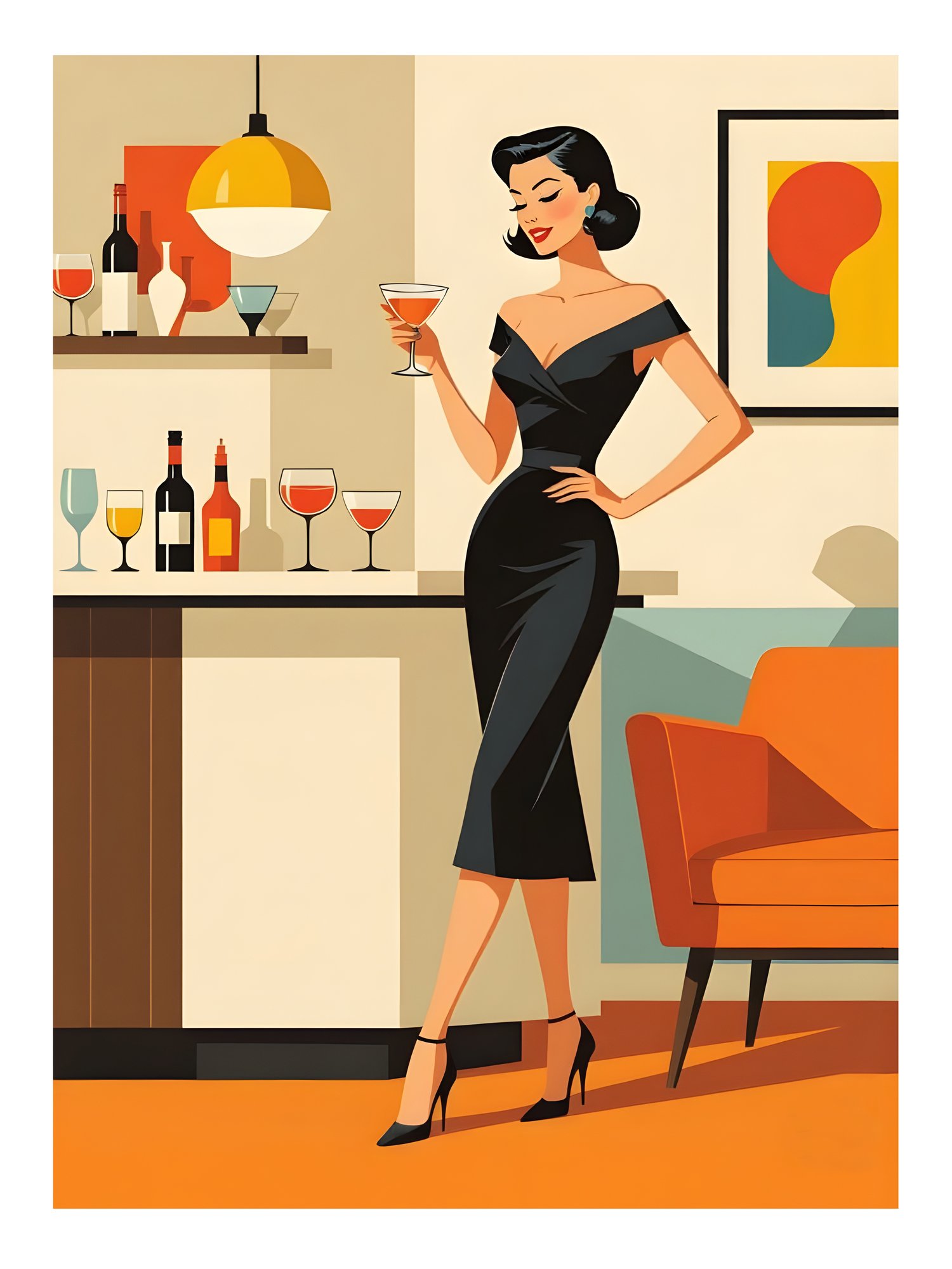 Retro pop art print of an elegant woman at a cocktail bar — 1950s glamour lifestyle illustration by Kelvin Hughes Design
