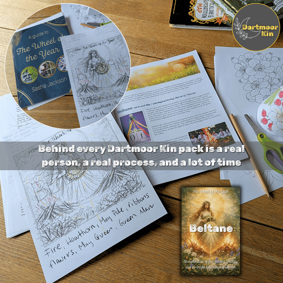 Behind the scenes of Dartmoor Kin resources, showing a real creator’s design process with notes, printed pages, and digital artwork in progress
