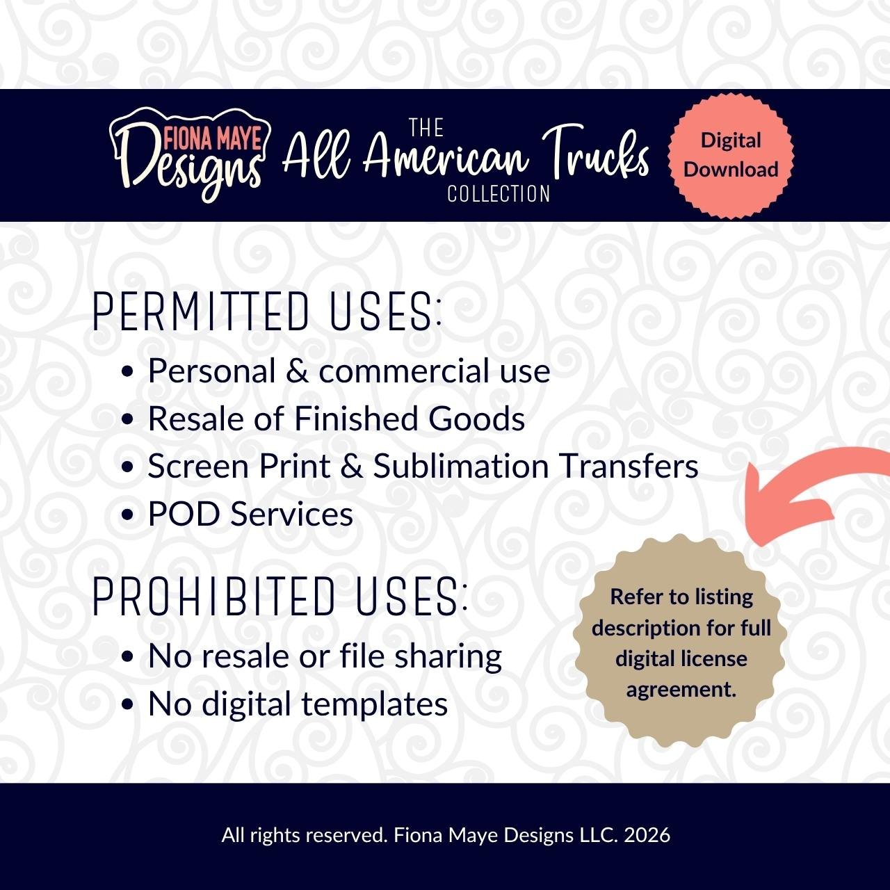 License information sheet for a digital design collection outlining permitted uses like personal and commercial use, and prohibited uses such as file sharing and digital templates.