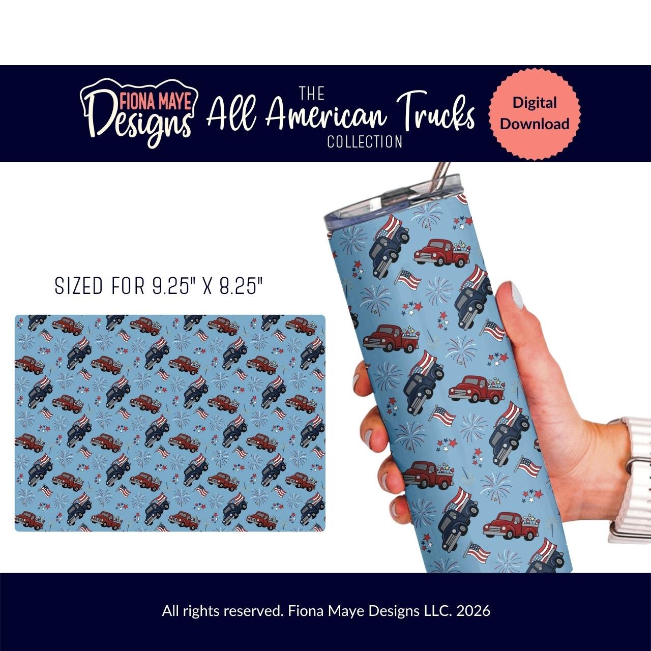 Skinny tumbler wrap mockup featuring a seamless patriotic pattern with red and blue vintage trucks, flags, and stars on a light blue background shown as a digital download.