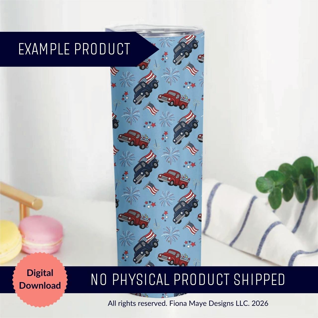 Skinny tumbler mockup featuring a seamless patriotic pattern with red and blue vintage trucks, flags, fireworks, and stars on a blue background shown as a digital download.