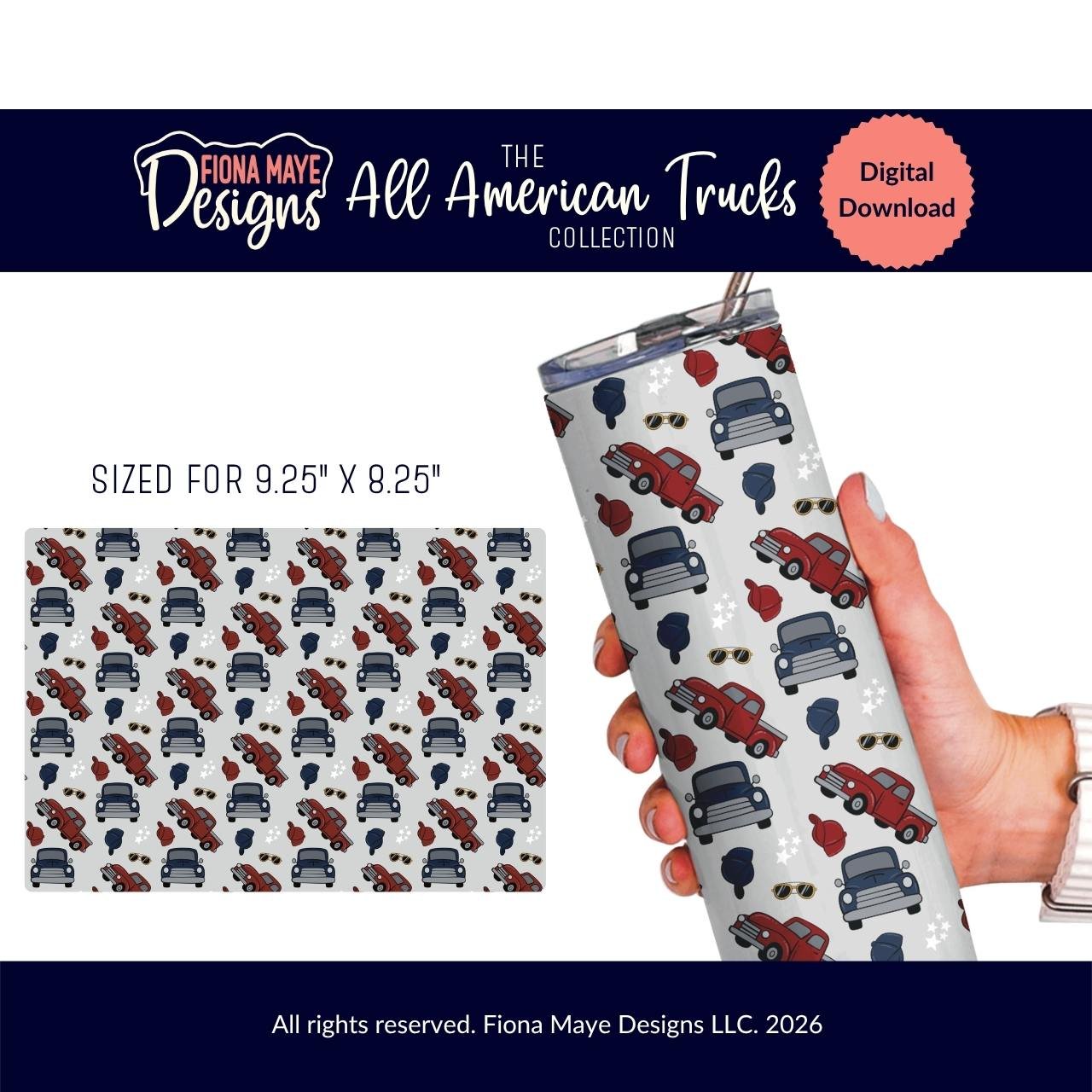 Skinny tumbler wrap mockup featuring a seamless pattern of red and blue vintage trucks with stars and hearts on a light gray background, shown as a digital download.