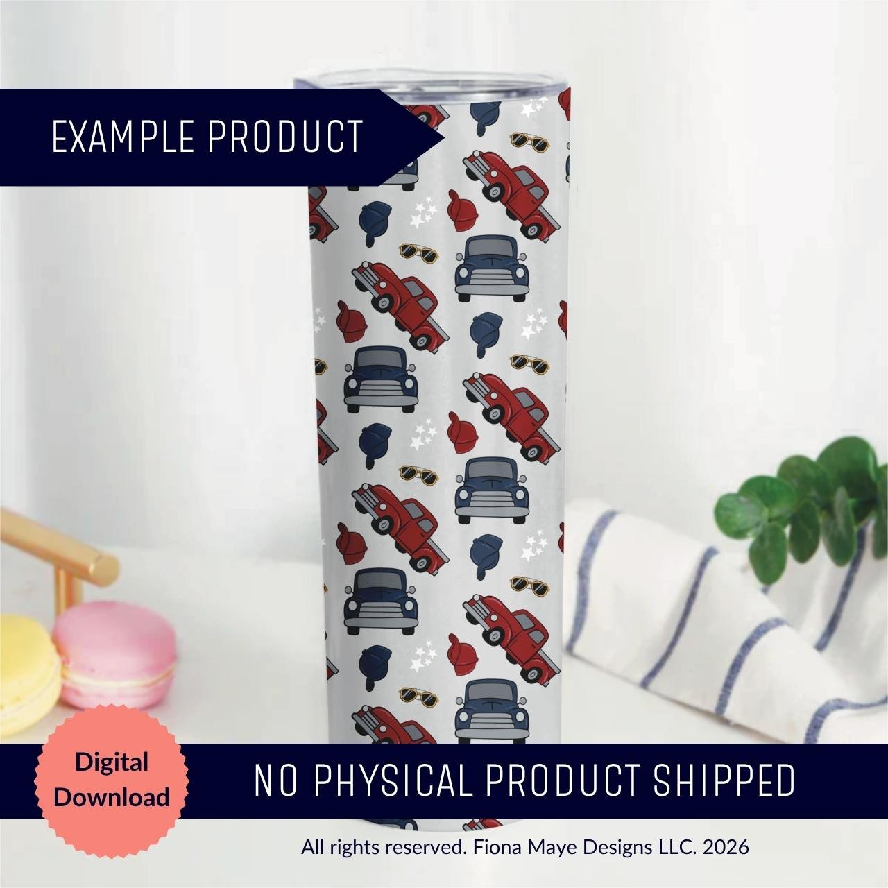 Skinny tumbler mockup featuring a seamless pattern of red and blue cartoon cars, small trees, and traffic lights on a light gray background, shown as a digital download.