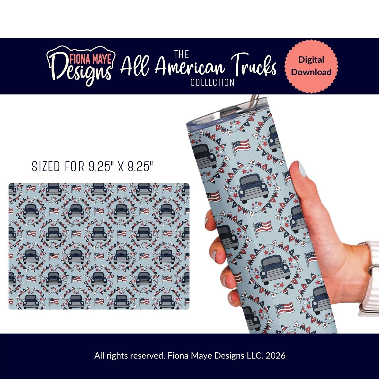Skinny tumbler wrap mockup featuring a seamless pattern of red and blue pickup trucks, flags, and fireworks on a light blue background, shown as a digital download.