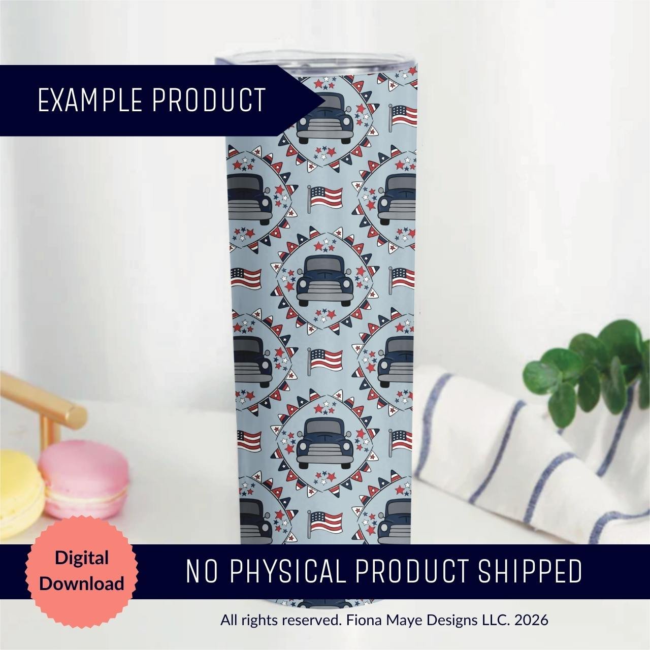 Skinny tumbler mockup featuring a seamless pattern of vintage trucks, American flags, and pennant banners on a light blue background, shown as a digital download.