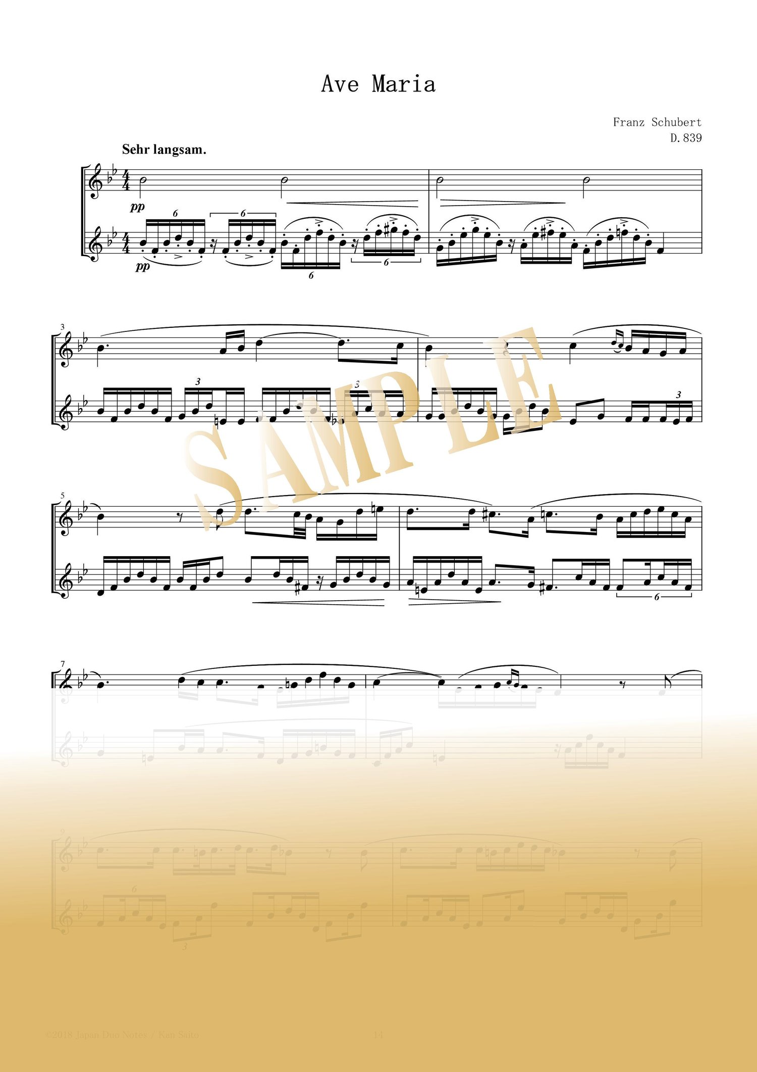 Sample page from Ave Maria by Franz Schubert – flute duet score for two flutes