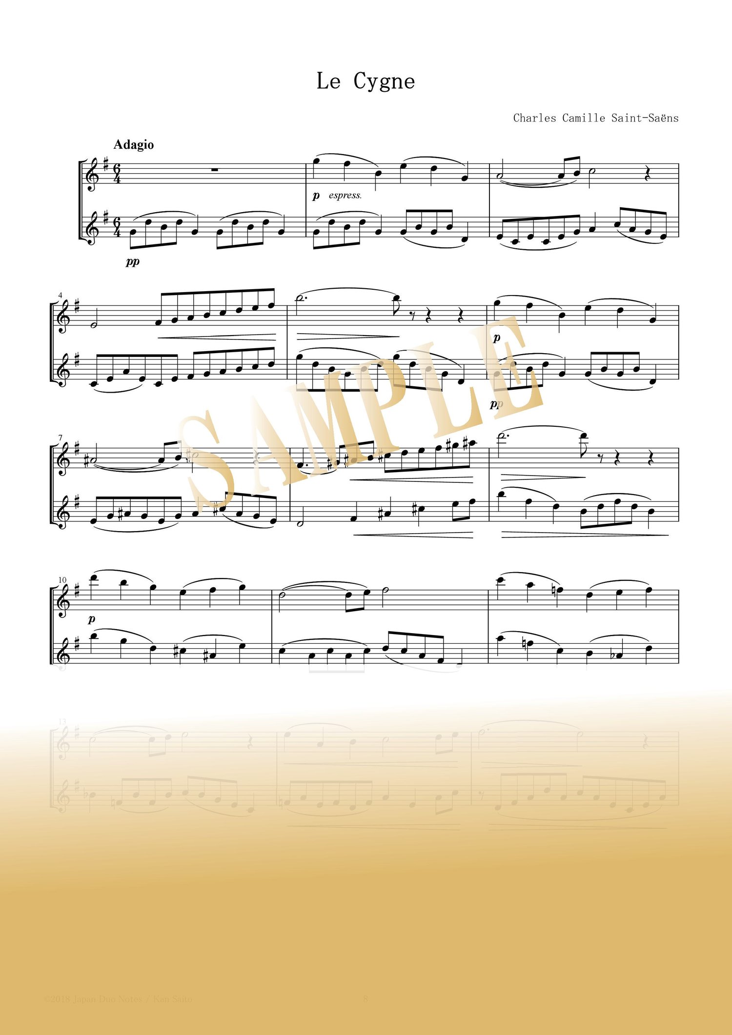 Sample page from The Swan by Camille Saint-Saëns – flute duet score for two flutes