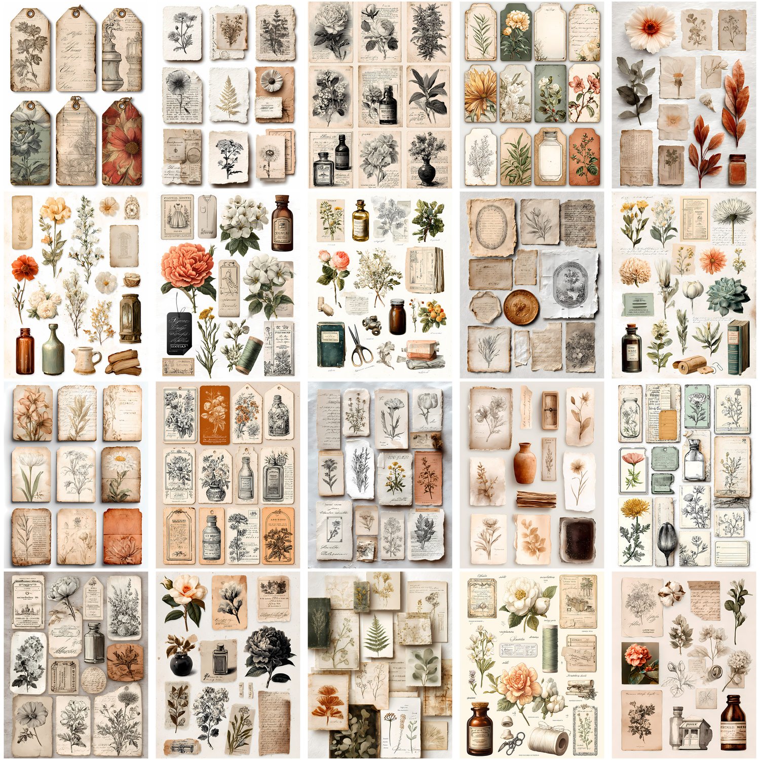 Vintage Ephemera Papers Bundle, Junk Journal Kit with Fussy Cuts Tags ...