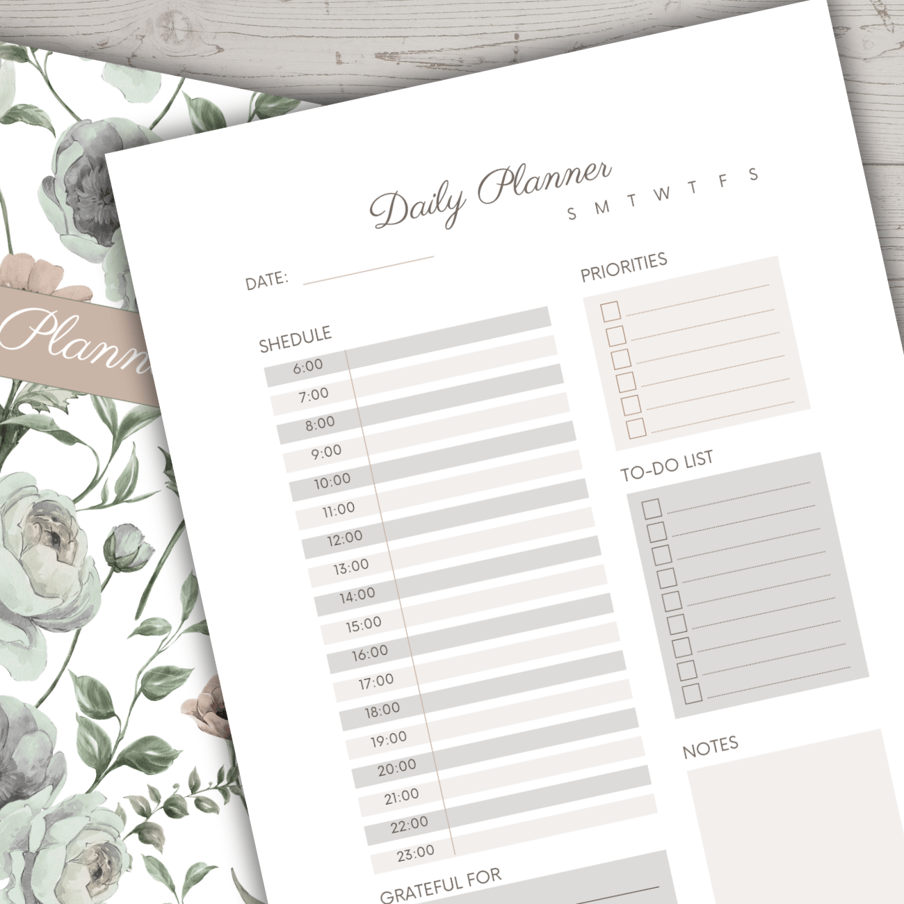 Minimalist daily planner pages with neutral tones and watercolor floral accents, featuring schedule, priorities, to-do list, notes, and gratitude sections.