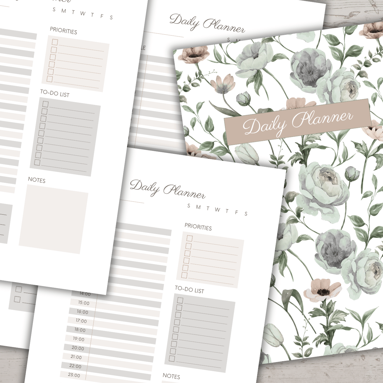 Daily planner sheet with clean minimalist layout and floral background, including schedule, priorities, to-do list, notes, and gratitude sections.”